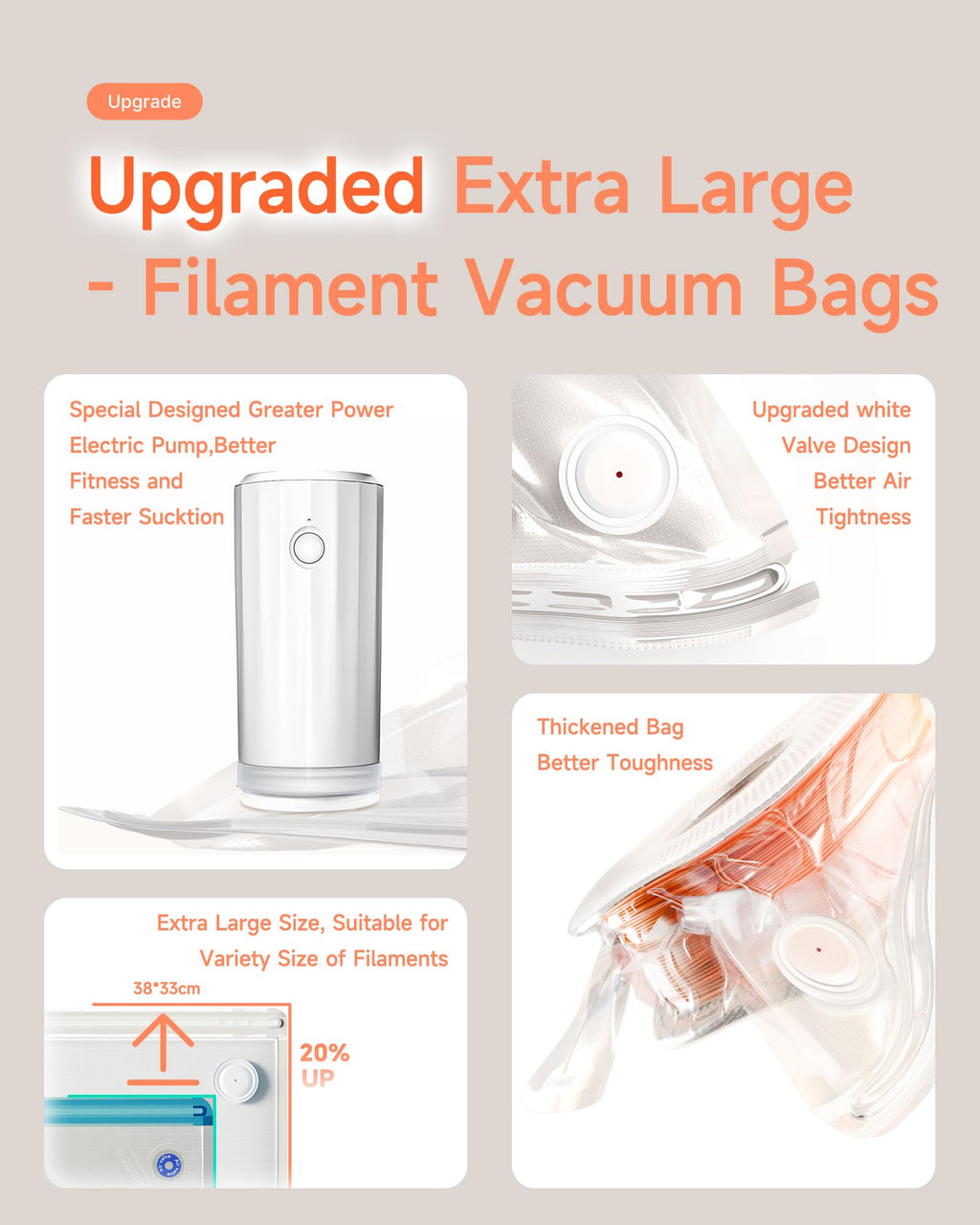 Filament Storage Bags with Auto Pump - Upgraded 20 Extra Large Filament Bags (14.9 * 13 inch) Plus 20 Desiccants and 5 Clips - Extra Large Filament Vacuum Bags Designed for Bambulab Reusable Spool