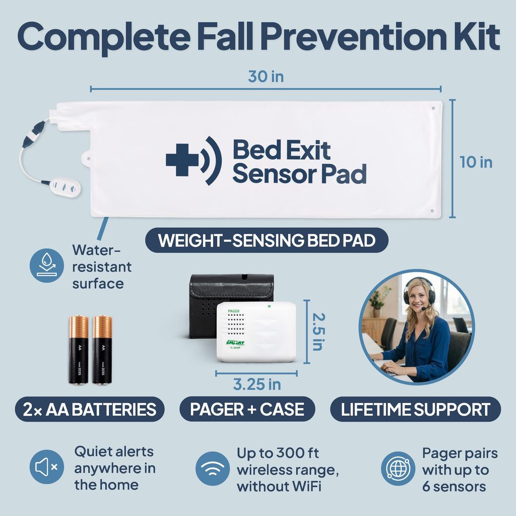 Smart Caregiver Bed Exit Alarm with Wireless Pager - Early Alert Fall Prevention for Seniors and Elderly - Weight Sensing Bed Pad Alerts Caregiver When They Get Up - USA Company and Customer Service