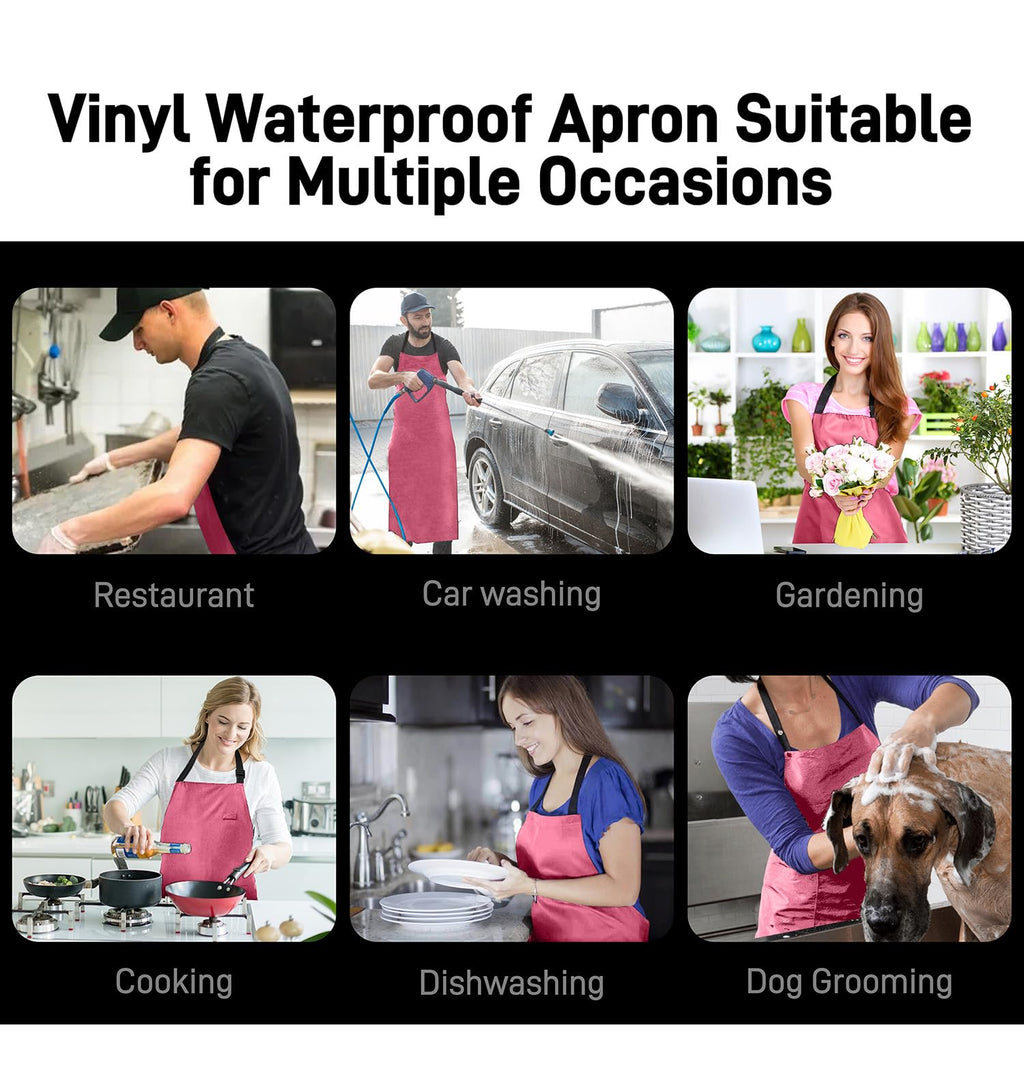 Vammcht Adjustable Bib Apron - Heavy Duty, Waterproof Plastic Apron for Dishwashing/Kitchen/Restaurant/Chemical Resistant; Pink