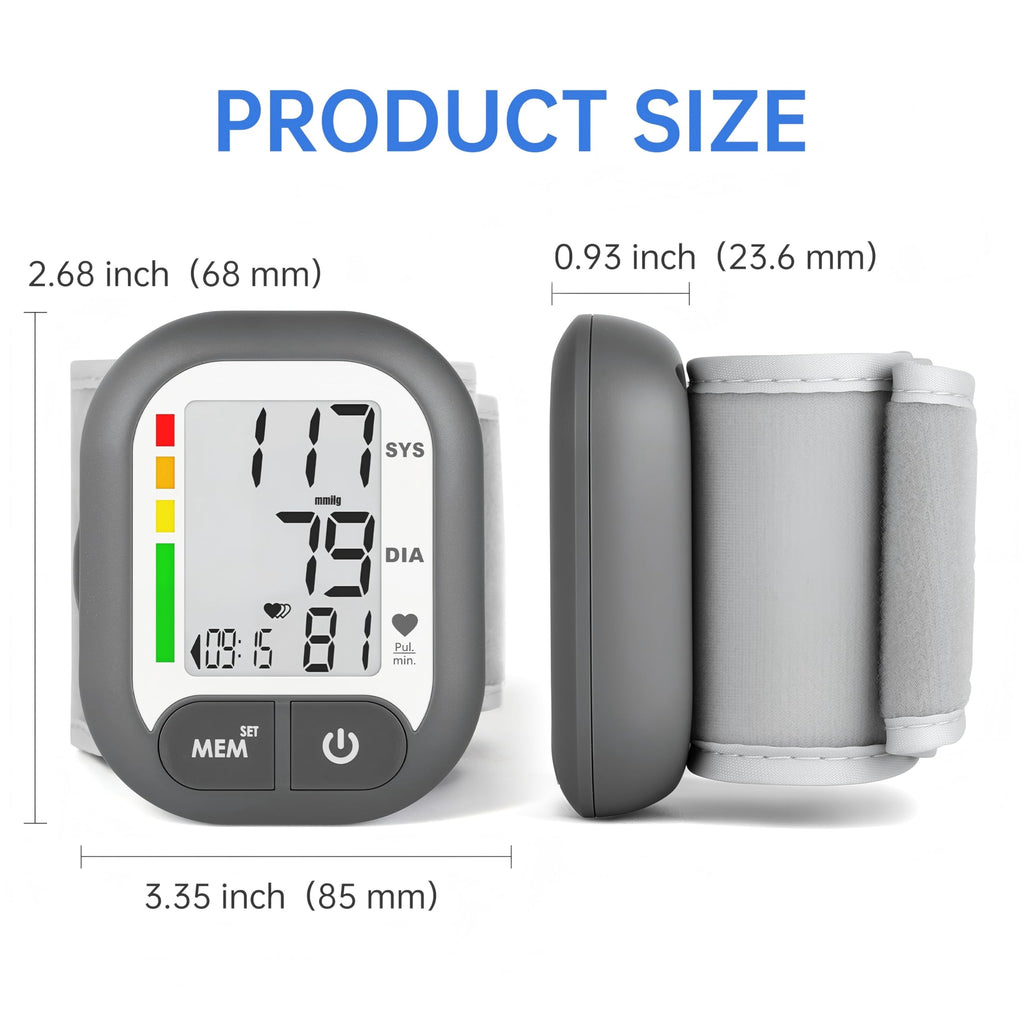 BENECEN Blood Pressure Monitor Adjustable Wrist Cuff for Home Use Automatic BP Machine Large Digital LCD Display 199 Memory Batteries Included with Carrying Case, Grey