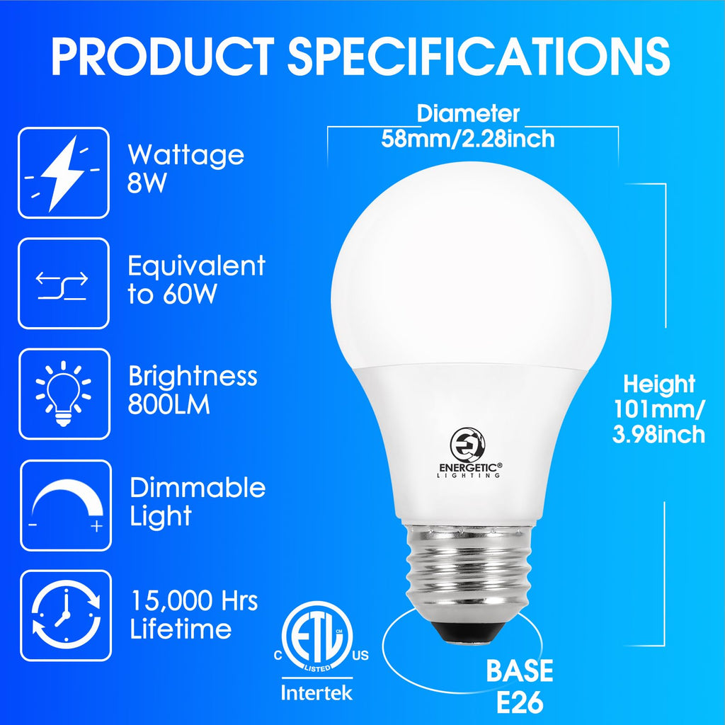 E ENERGETIC LIGHTING Dimmable LED Light Bulbs, 60W Equivalent, Soft White 2700K, 8W 800 Lumens LED Bulbs, E26 Base Standard Light Bulbs, ETL Listed, 12 Packs