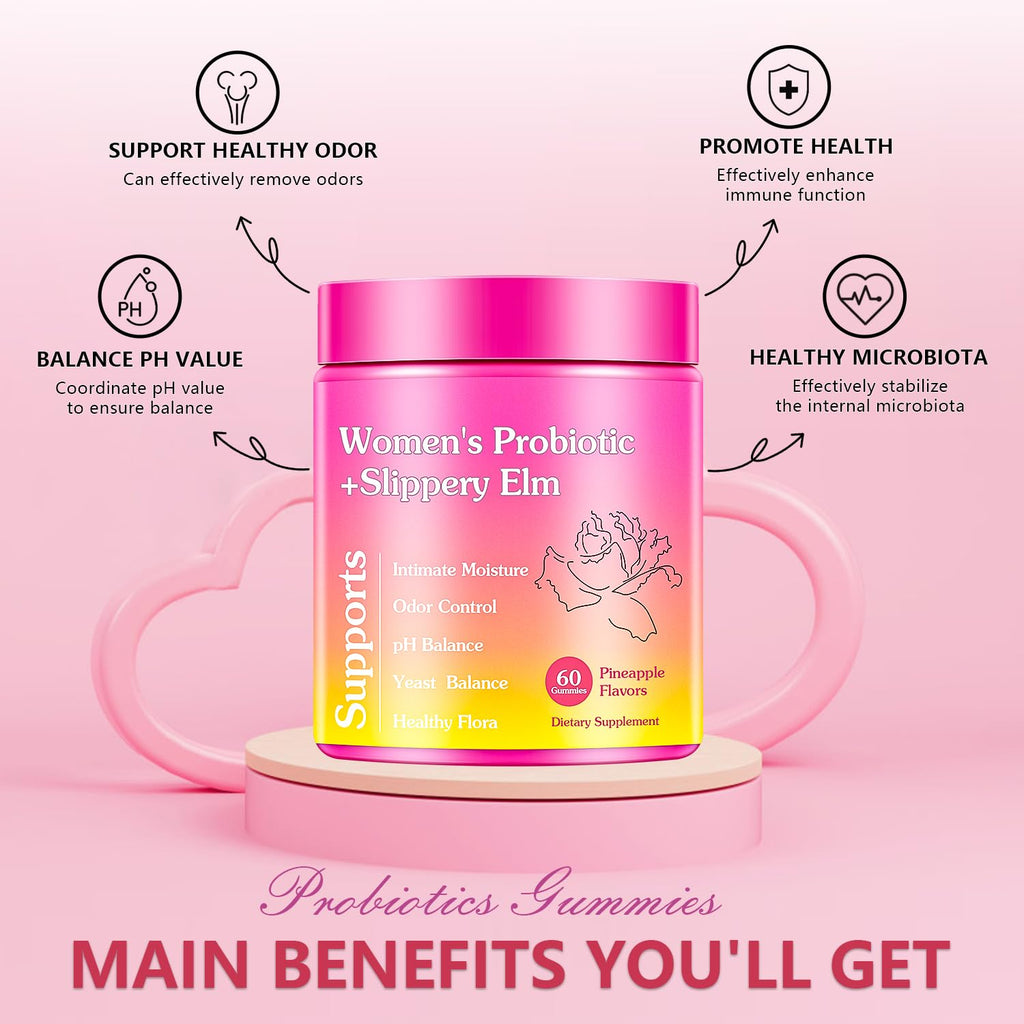 Josmon Her Juicy Premium Feminine Probiotics Gummies for Women, Pineapple Flavor Feminine Gummies with Slippery Elm Support pH Balance, Improve Immune, Vegan, Gluten Free, Crimson, 1 Pack