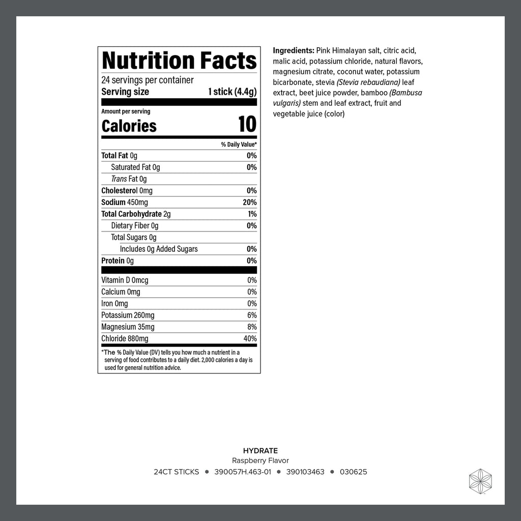 Isagenix Hydrate - Superior Hydration with 1625+ mg of Essential Electrolytes - No Added Sugar - Raspberry Flavor - 0.2 oz Sticks - 24 Servings