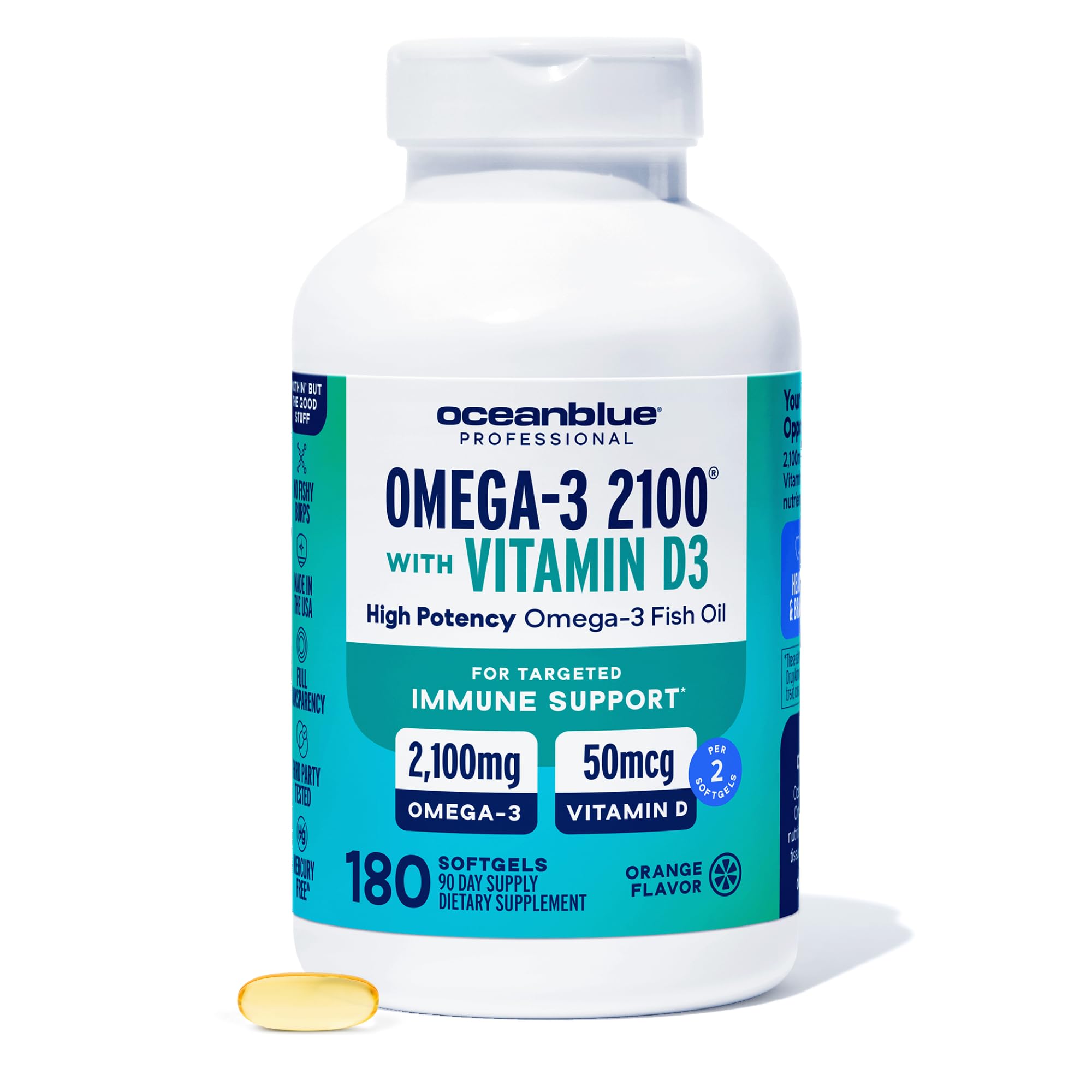 Oceanblue Professional Fish Oil with Vitamin D3 | Triple Strength 2100mg Omega-3 DPA EPA DHA | Wild Caught | Burpless Orange Flavor | 180 Softgel Capsules
