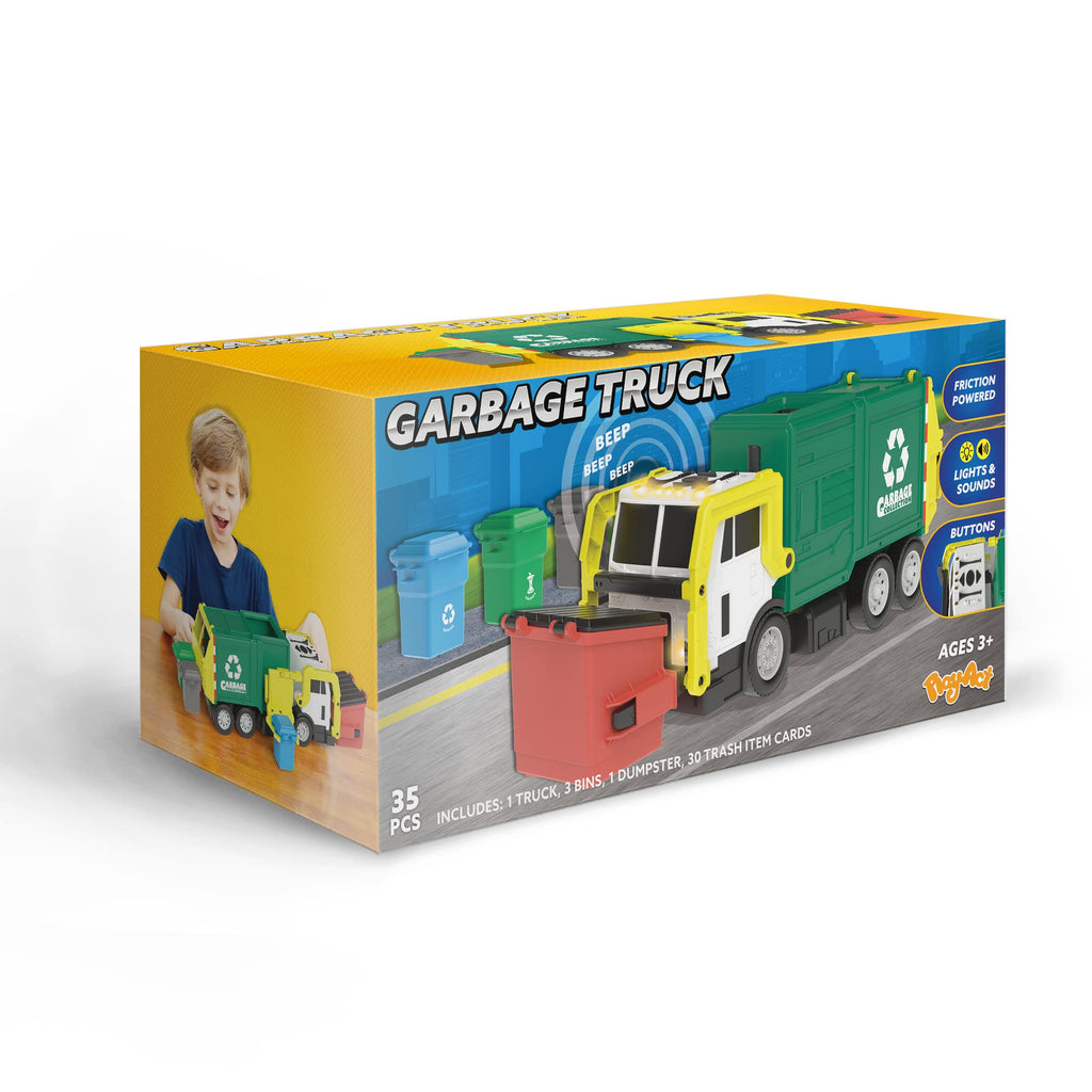 JOYIN Garbage Truck Toys, Toys for 3 4 5 6 7 8+Years Old Boys, Bin Lorry Toy, Realistic Big Garbage Truck with Lights and Sounds,Front Load Dumpster,Trash Bins with Trash Cards,Birthday Gifts for Boys