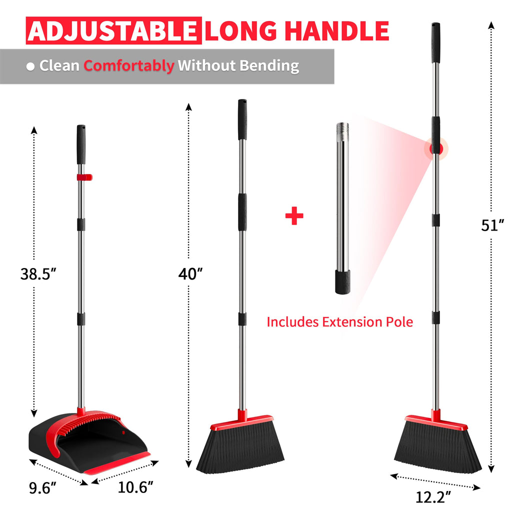 Broom with Dustpan Combo Set, Dust Pans with Long Handle for Upright Sweeping, Standing Broom and Dustpan Set with Self-Cleaning Teeth for Home, Kitchen & Office Floors(Red & Black)