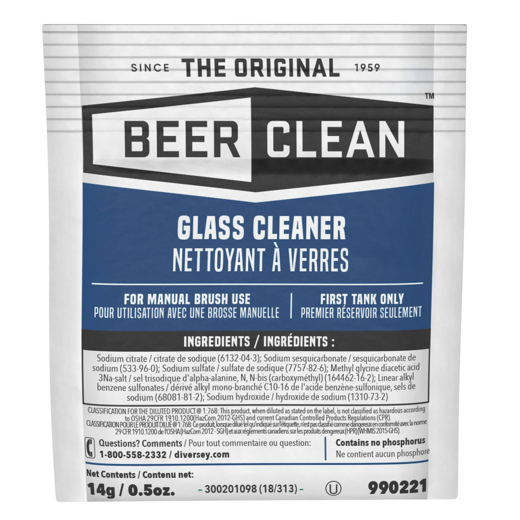 BEER CLEAN Diversey Bar Glass Cleaner, 0.5 oz Packets (100-Pack) – Concentrated Powdered Compound for Hot/Cold Water, Odorless Detergent, No Residue, Use for Manual Brush 3-Sink Systems, 990221