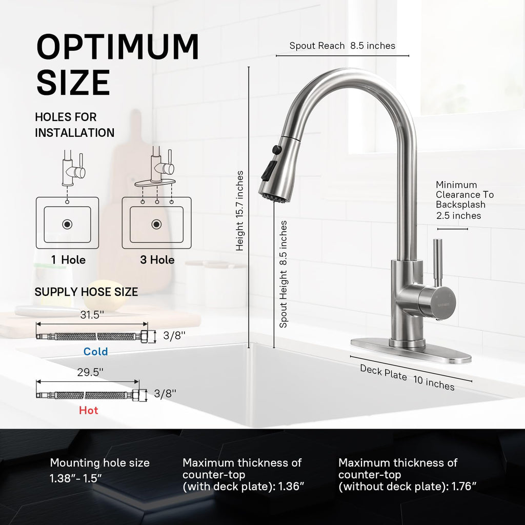 WEWE High-Arc Pull-Down Kitchen Faucet, Brushed Nickel, 3-Mode Sprayer