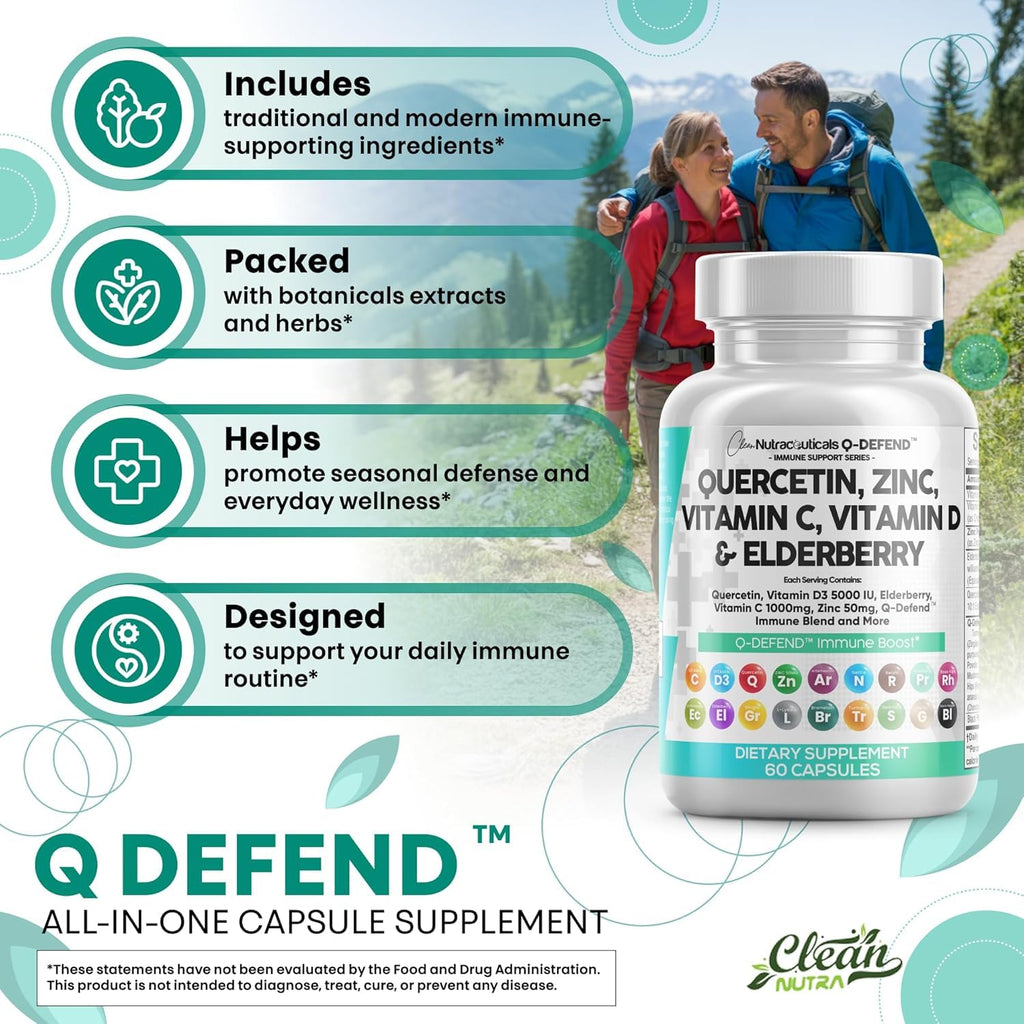 Q Defend Quercetin Supplement with Zinc Vitamin C Vitamin D Elderberry Turmeric Black Pepper Garlic Ginger Sea Moss Lysine Stinging Nettle Reishi Immune Support 60 Capsules Pack of 2 by Clean Nutra