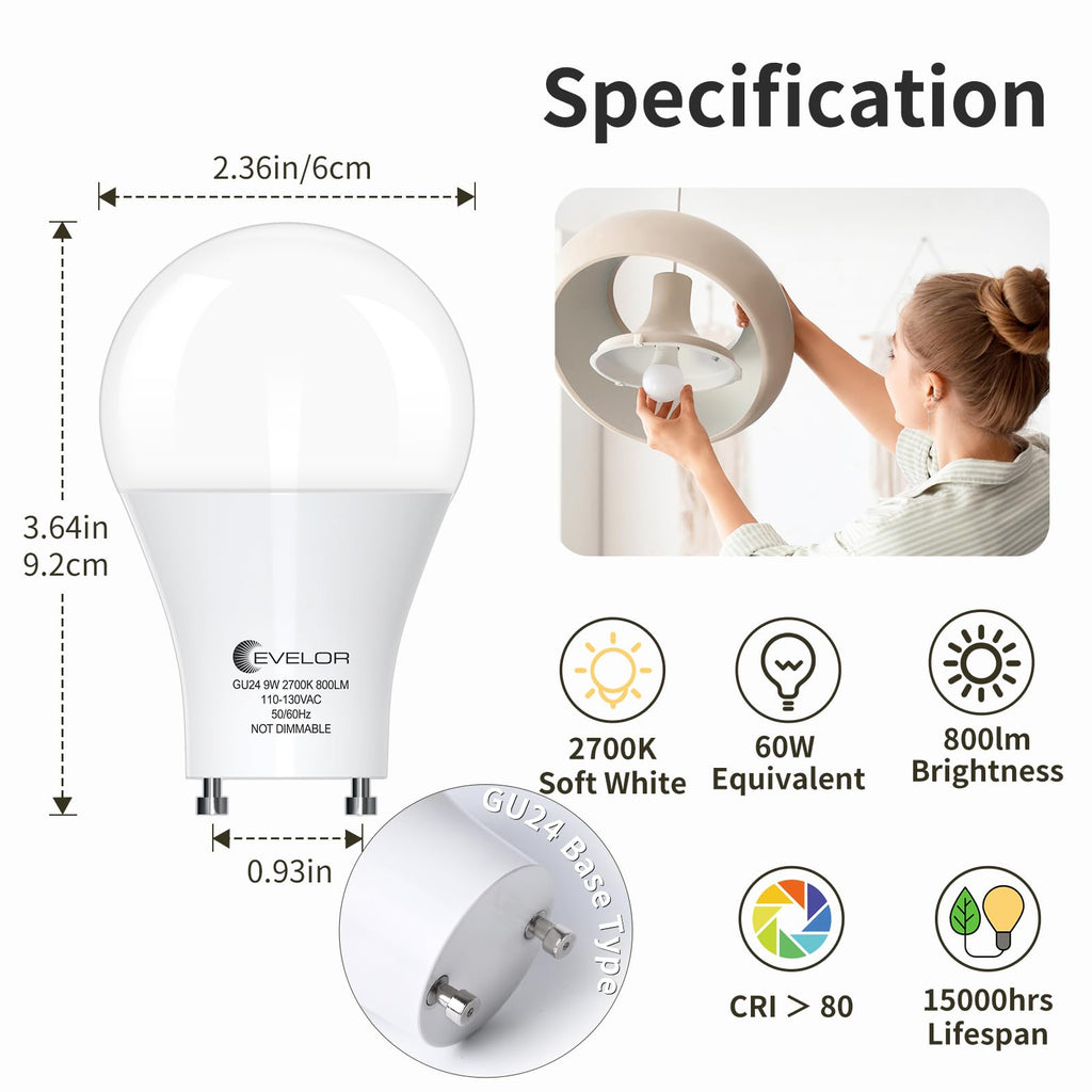 evelor GU24 LED Light Bulbs,60 Watt Equivalent,Soft White 2700K,6-Packs
