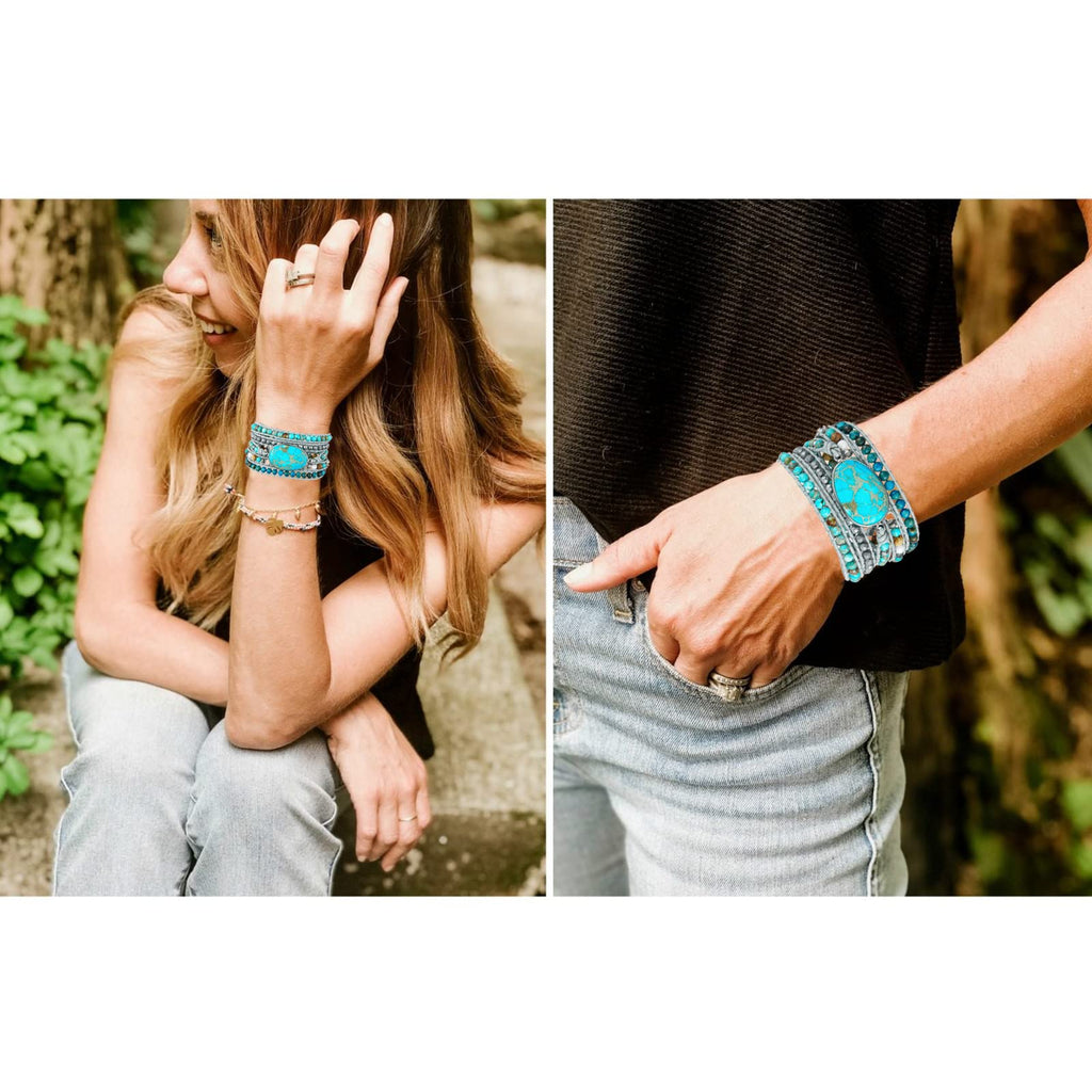 Plumiss Boho Natural Turquoise Stone Beaded Wrap Bracelets for Women Men