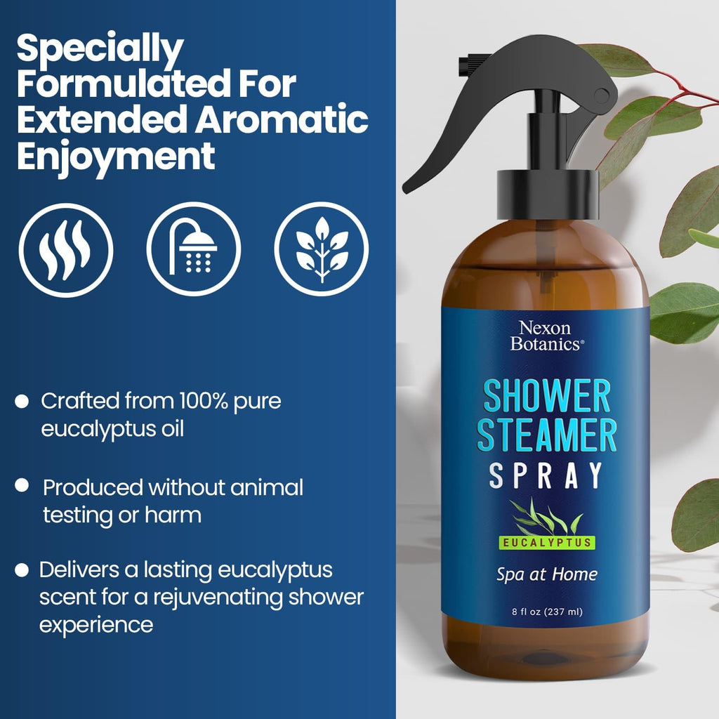 Eucalyptus Shower Spray – Aromatherapy Mist for Steam Showers & Sauna, 8 fl oz – Essential Oil Room & Bathroom Freshener - Nexon Botanics