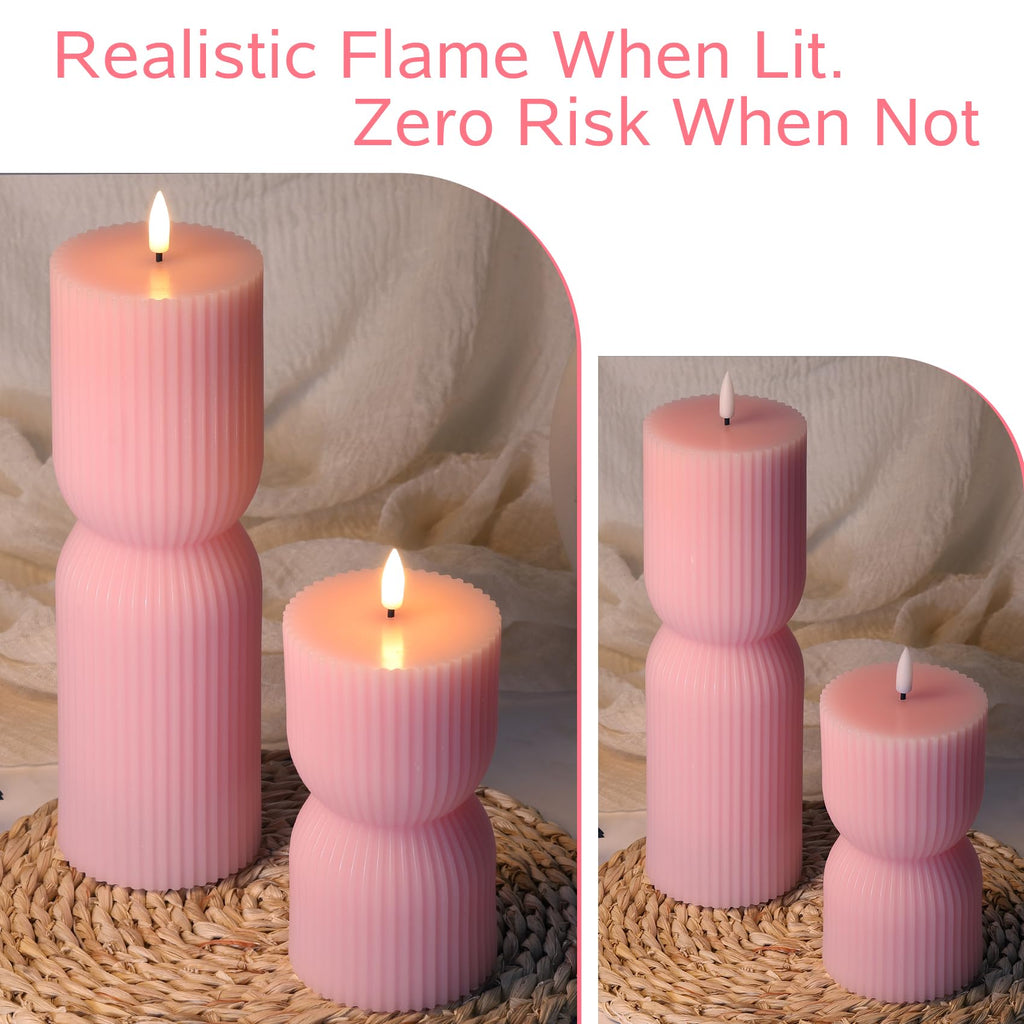 Girimax Pink Ribbed Flameless Pillar Candles with Remote, Flickering LED Candles Battery Operated Real Wax Set of 2