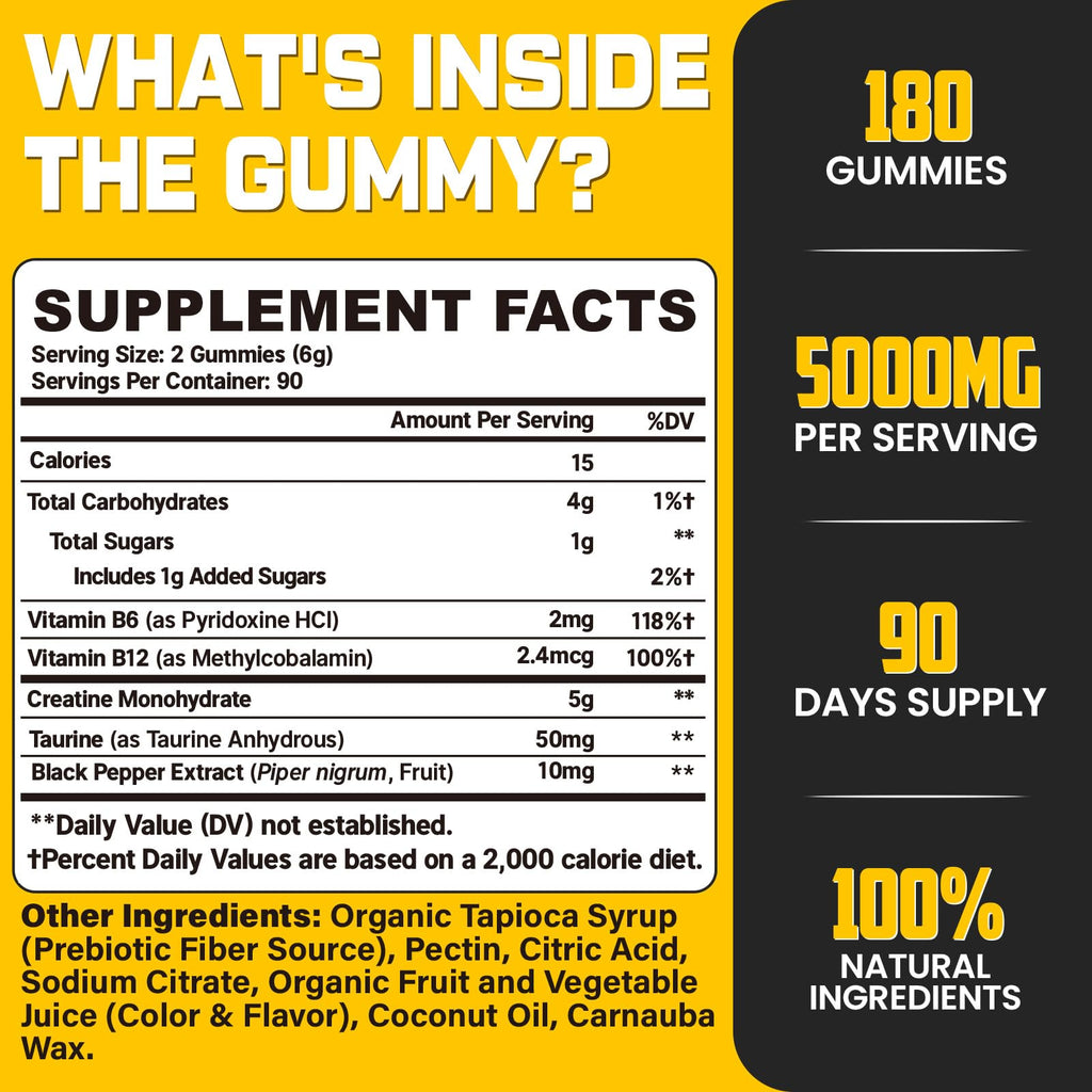 (180 Count) Creatine Monohydrate Gummies for Men & Women - Creatine Pre Workout Gummies for Muscle Builder, Muscle Strength, Recovery, Endurance, Energy, Creatine for Women & Men, Vegan, Mixed Berry