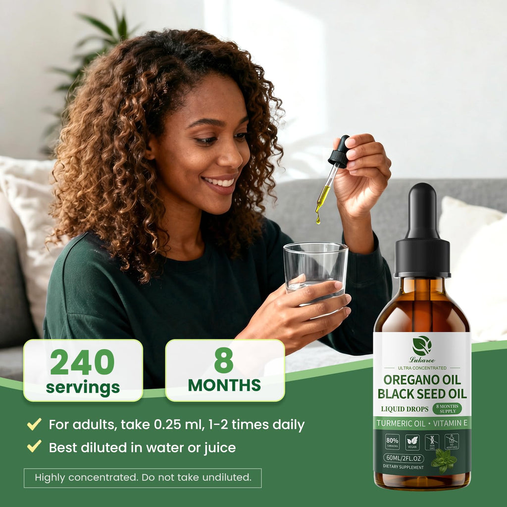Oil of Oregano Drops with Black Seed Oil, Turmeric Oil, Vitamin E & Olive Oil Based, Immune Digestive Cleanse & Detox*, 80% Carvacrol Cold-Pressed Natural Aceite de Oregano, 2 Fl Oz, 8 Month Supply