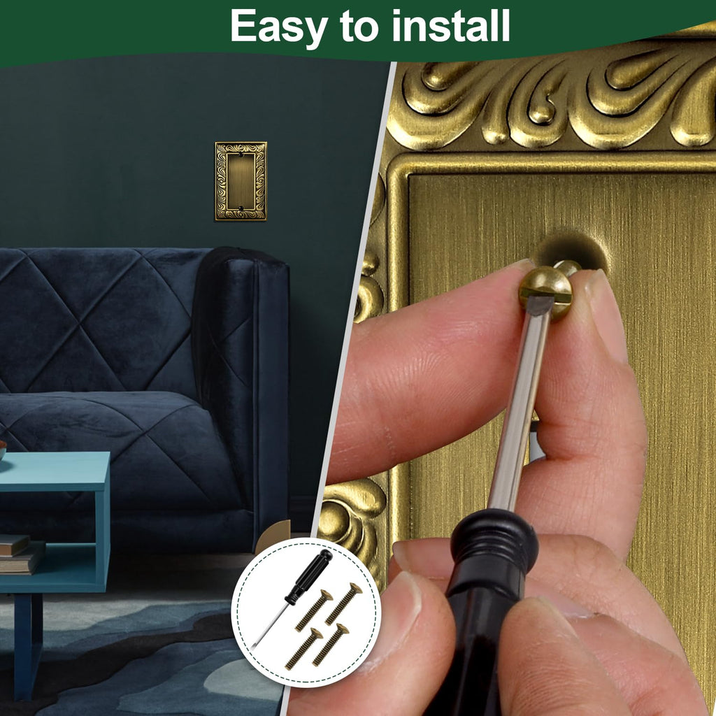 Antique Brass Decorative Wall Plate Light Switch Cover Decorator Outlet Covers Rocker Switch Plates Metal Material Wall Plates for Kitchen Bathroom (1 Gang Single Blank-6 Pack)