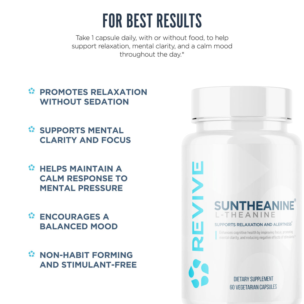 Revive MD Suntheanine L-Theanine Supplement for Men and Women - Supports Fatigue & Brain Function for Calm Mood, Mental Clarity, Focus & Relaxation - Vegan & Gluten-Free (60 Capsules, 60 Servings)
