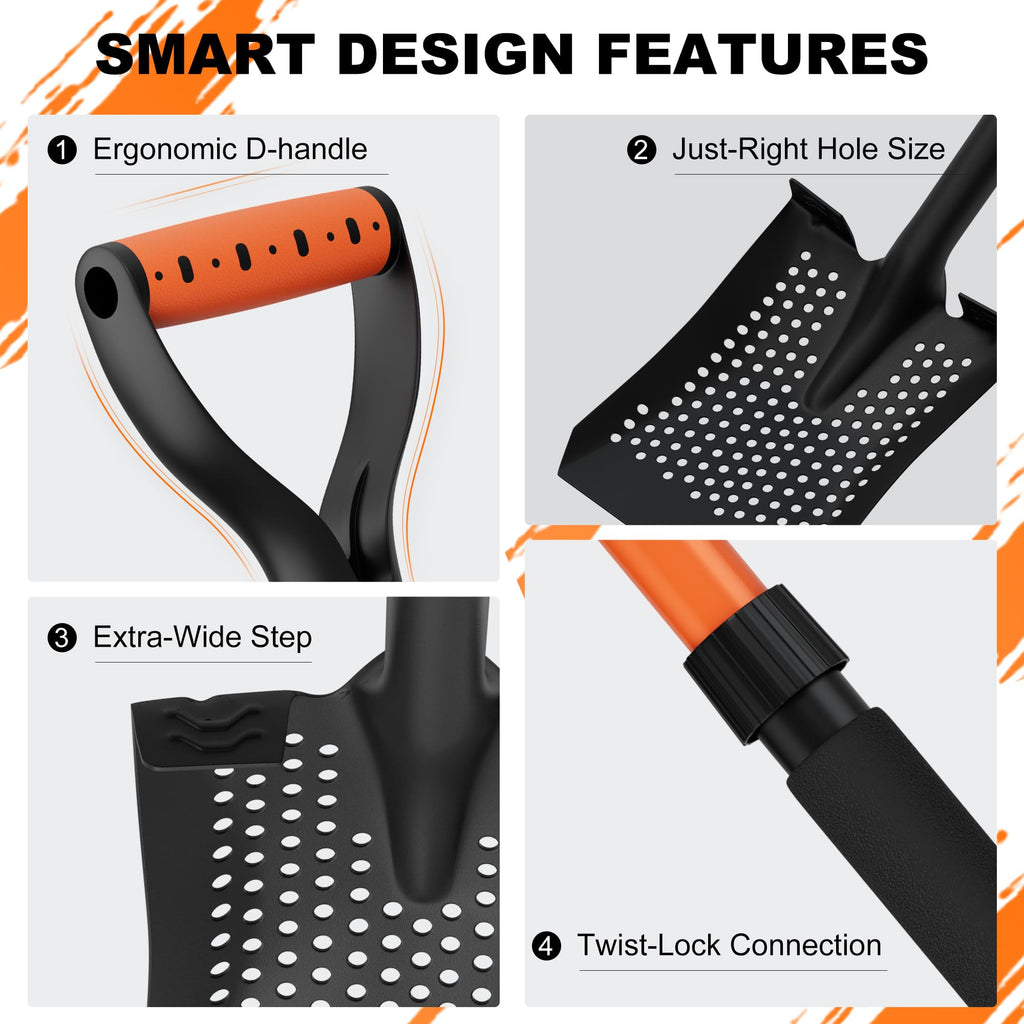 Sand Sifter Shovel for Beach: 42'' Sand Scoop for Metal Detecting with Ergonomic D-Handle - Sifting Shovel Twist-Lock Connection & Extra-Wide Step for Treasure Hunting & Metal Detecting Hobbyists