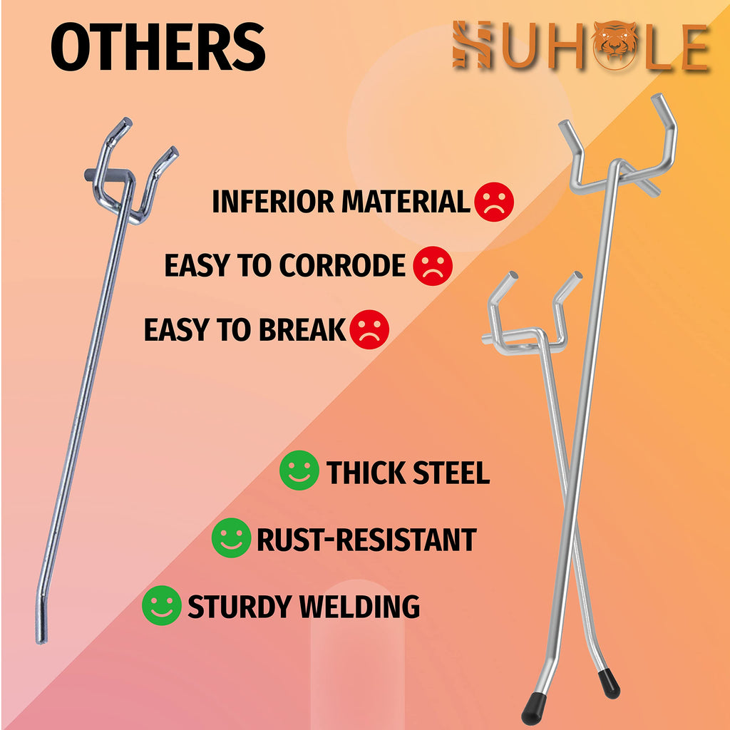HUHOLE 50-Pack Silver Pegboard Hooks 6 Inch, Heavy Duty Matte Finish Metal Peg Board Hangers, Fits 1/8" & 1/4" Boards, Rust-Resistant Organizer for Garage, Shop, Workbench & Retail Display