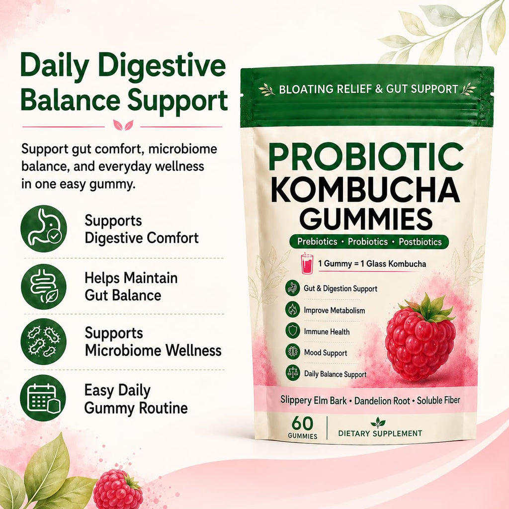 Awjsde Jevawell Kombucha Gummies, Prebiotic Probiotic Postbiotic Formula, Digestive & Gut Health Support, Microbiome Balance & Digestive Comfort, Vegan, Non-GMO, 60 Gummies (1 Peak)