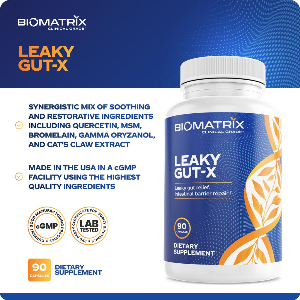 BioMatrix Leaky Gut Repair Supplement w/Glutamine, Quercetin, Cat's Claw, MSM, SIBO, Prebiotic Support, Intestinal Barrier Revive for Men and Women | 60-Day Supply – Leaky Gut-X