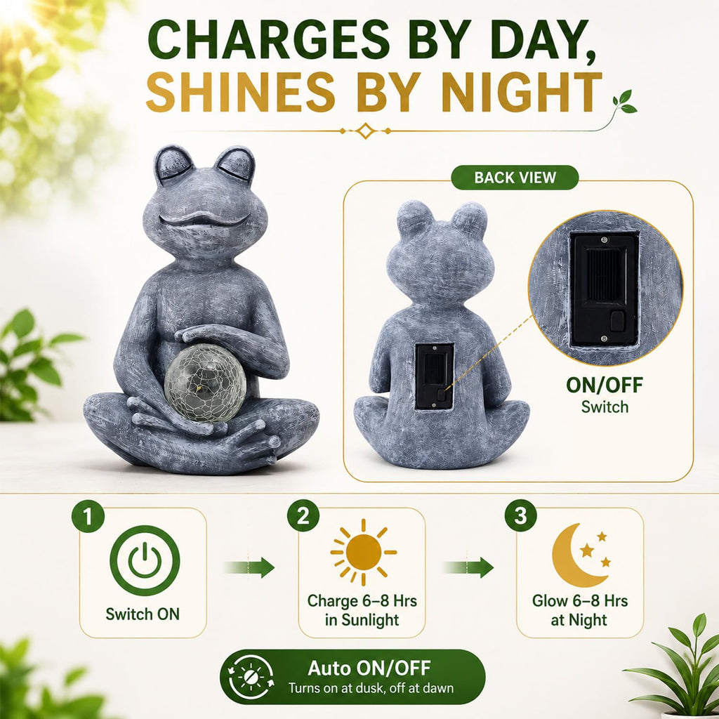 Fashionoda Solar Meditating Yoga Frog Statue 6.8L x 9.65H