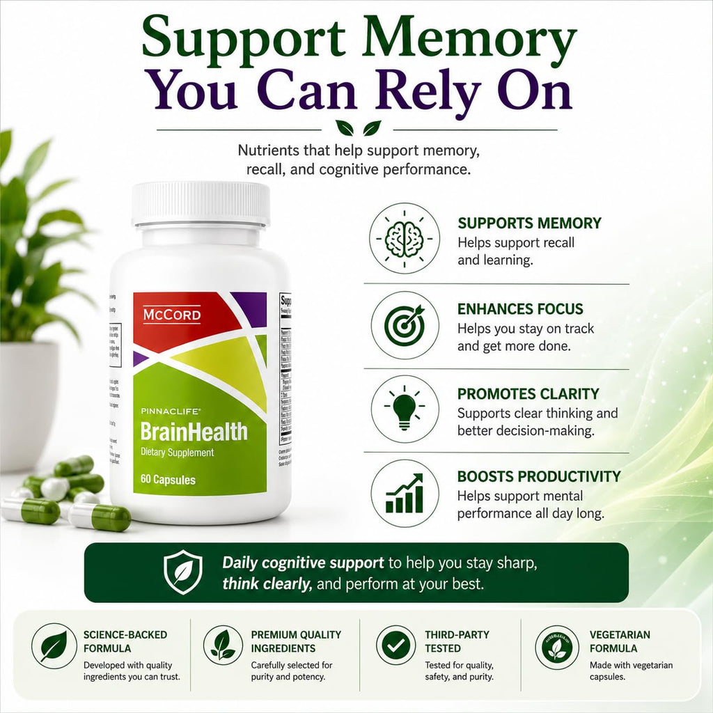 Pinnaclife McCord BrainHealth Brain Supplement with Olivamine, Vitamin D3, B6 & B12, Rhodiola Rosea, Magnesium & Taurine, Supports Memory, Focus, Clarity & Productivity for Men and Women