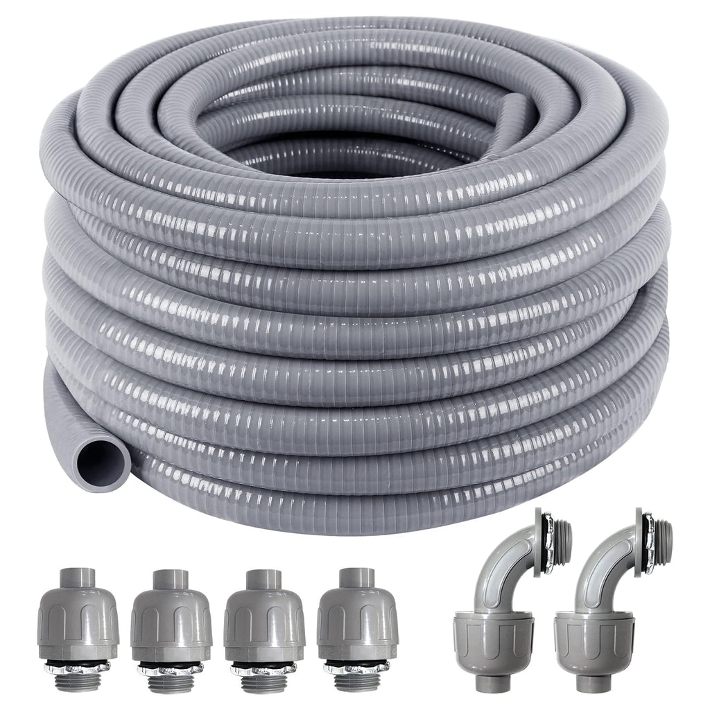 1-1/4inch 50FT Electrical Conduit Kit,Liquid-Tight Conduit and Connector Kit with 4 Straight and 2 Angle Fittings Included,Flexible Non Metallic Liquid - Tight Conduit(1-1/4" Dia,50 Feet)