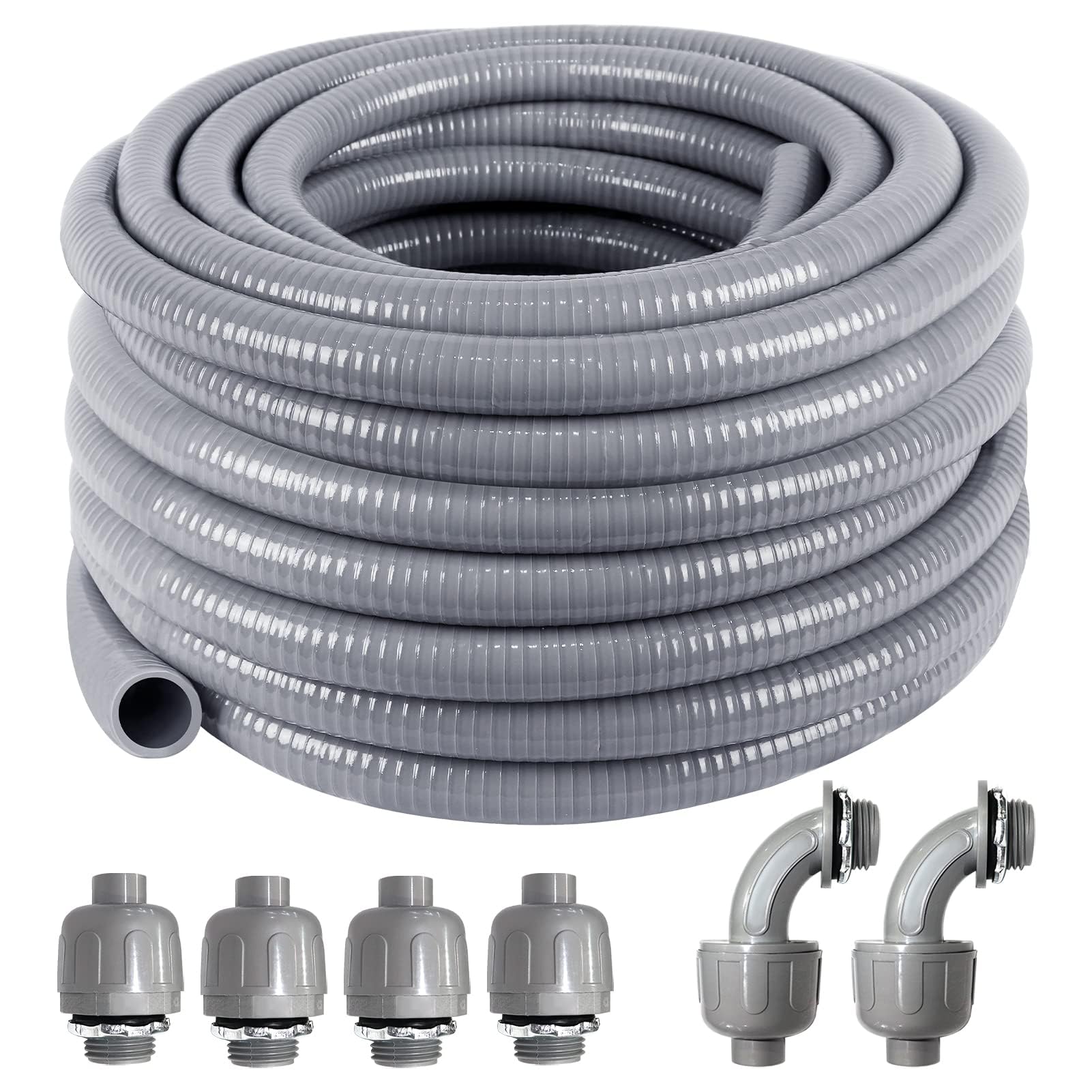 1-1/4inch 50FT Electrical Conduit Kit,Liquid-Tight Conduit and Connector Kit with 4 Straight and 2 Angle Fittings Included,Flexible Non Metallic Liquid - Tight Conduit(1-1/4" Dia,50 Feet)