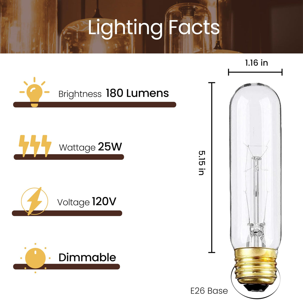 Weyolin Edison Light Bulbs,120V, E26 Base, T10 Tubular Bulbs, 25W Clear Incandescent, Warm White, Dimmable Vintage Tubular Style Showcase Bulb (4-Pack)