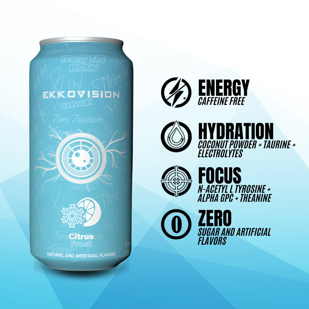 Ekkovision Energy Drink, Citrus Frost, Caffeine Free, Coconut Water, L Theanine, Alpha Gpc & L Tyrosine For Balanced Energy, Electrolytes & Smooth Hydration, 16 Fl Oz Can, 12 Pack