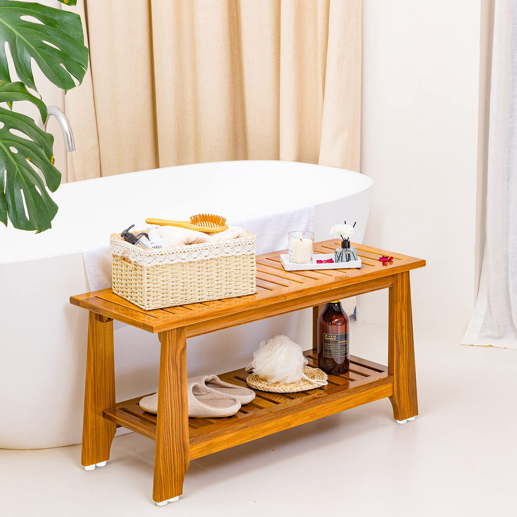 NNN 24" Commercial Teak Shower Bench - 8 Non-Slip Leveling Feet & 350 lbs Capacity | Rock-Solid Stability for Seniors & Spa Safety | Waterproof Design for Saunas/Outdoor Pools (Patented)