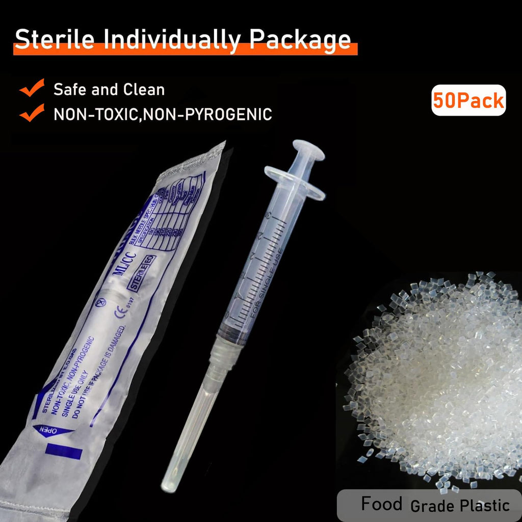 50 Pack 3ml/cc Disposable Luer Lock Lab Syringes with 22Ga 1.0 Inch Needle