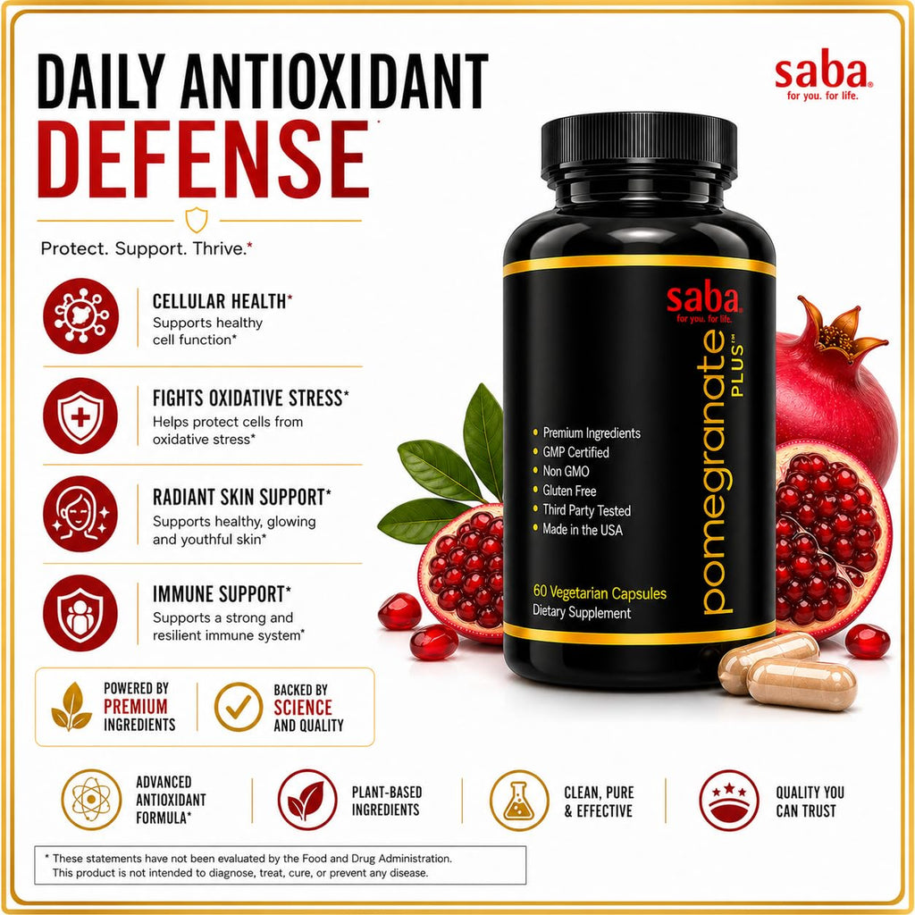 Saba Pomegranate Plus™ | Premium Longevity Support with AstaReal® Astaxanthin & Pomegranate Extract | Advanced Antioxidant Support for Healthy Aging, Cellular Protection & Daily Vitality | 60 Capsules