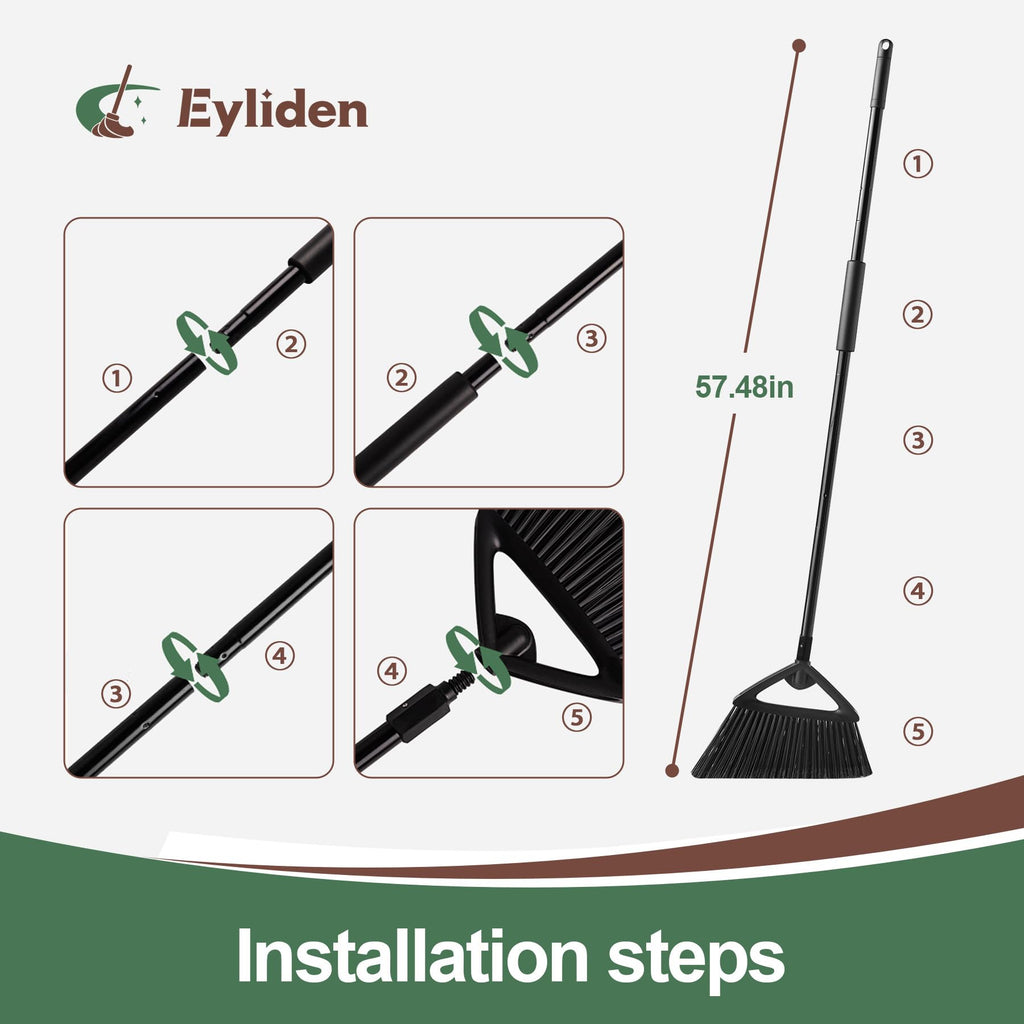 Eyliden Broom, Angle Broom with 57" Long Handle, PET Bristles - Fit Heavy-Duty Cleaning, Also Works Well Fine Dust - Commercial Outdoor Indoor Sweeper for Courtyard Sidewalk Deck Kitchen Lobby, Black