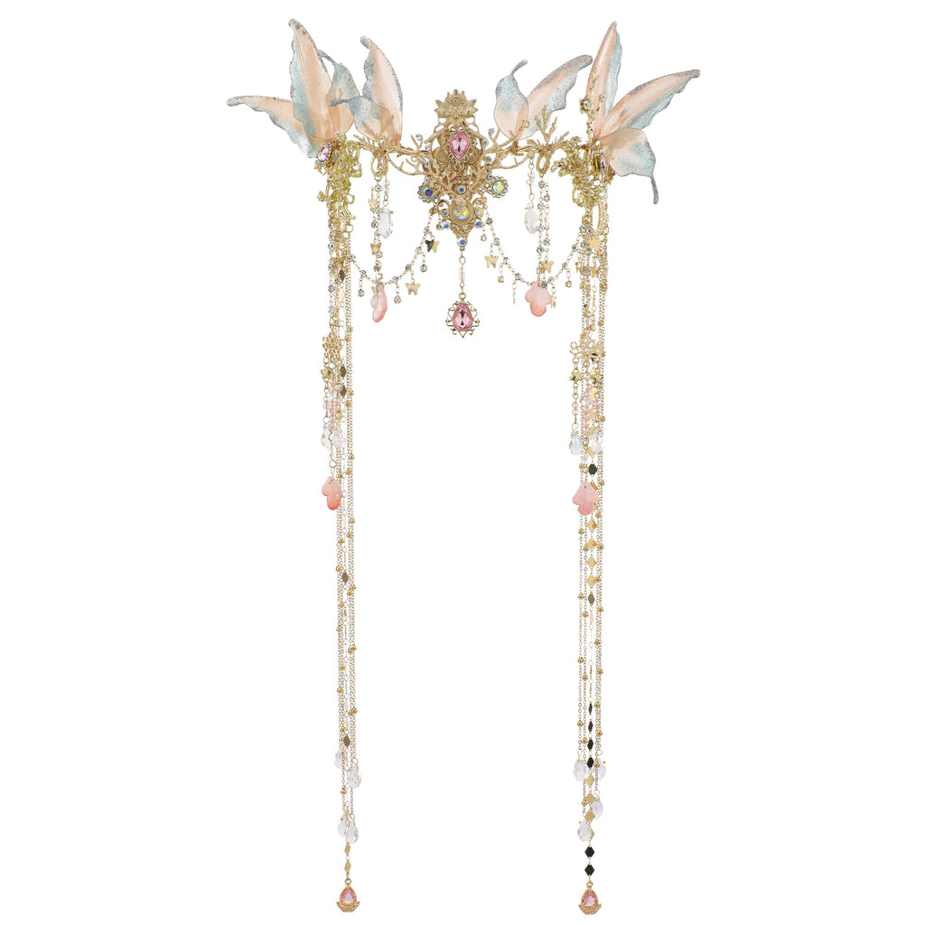 FRESHME Renaissance Butterfly Elf Fairy Crown - Fairy Headband with Pink Butterfly Wings Elf Headpiece with Tassel Elven Tiara Wedding Renfaire Dress Up Cosplay Christmas Accessories for Women