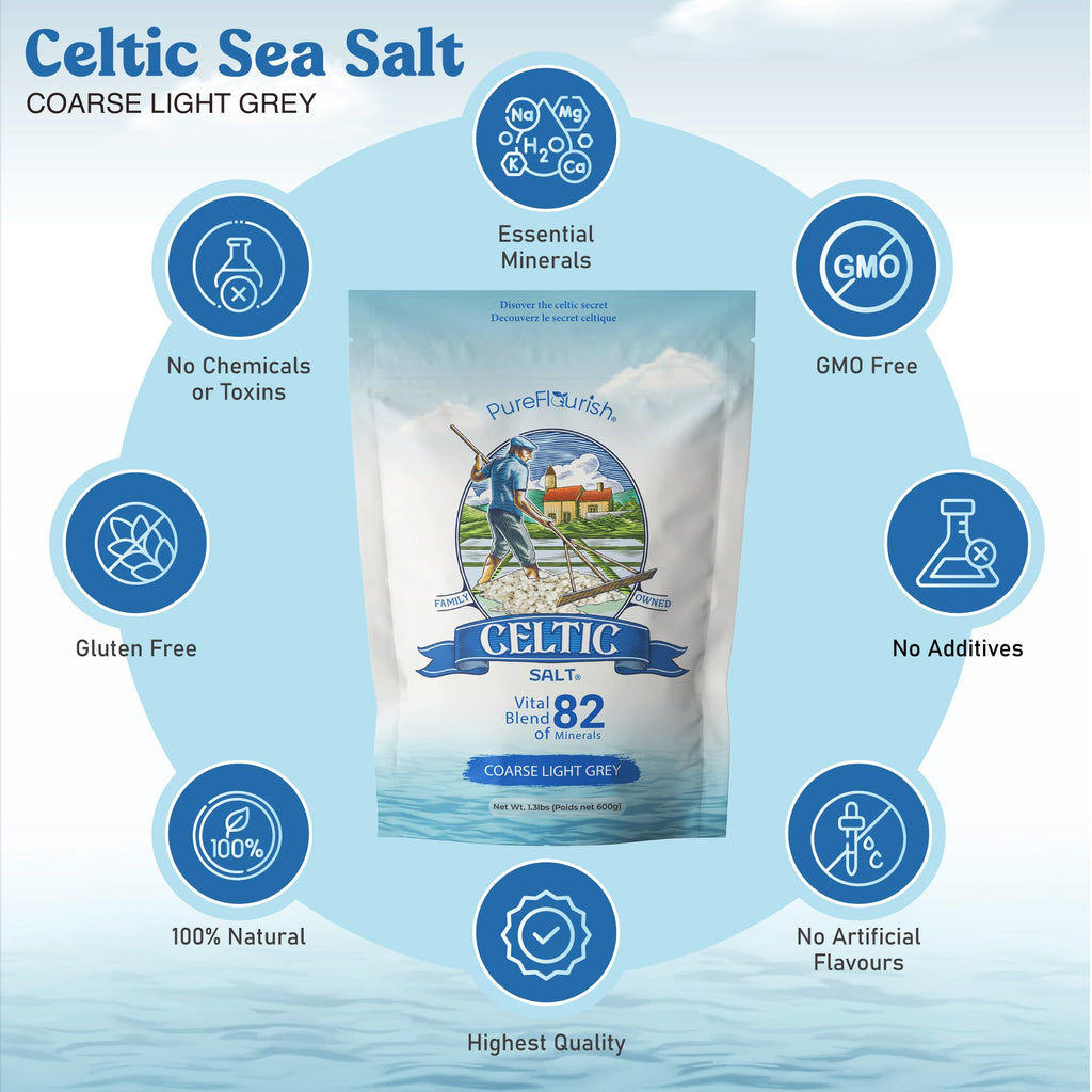 Pure Flourish Celtic Salt - 600g | 100% Organic Unrefined Celtic Salt | Rich in 82+ Essential Minerals | Hand Harvested Light Grey Celtic Salt Crystals from France