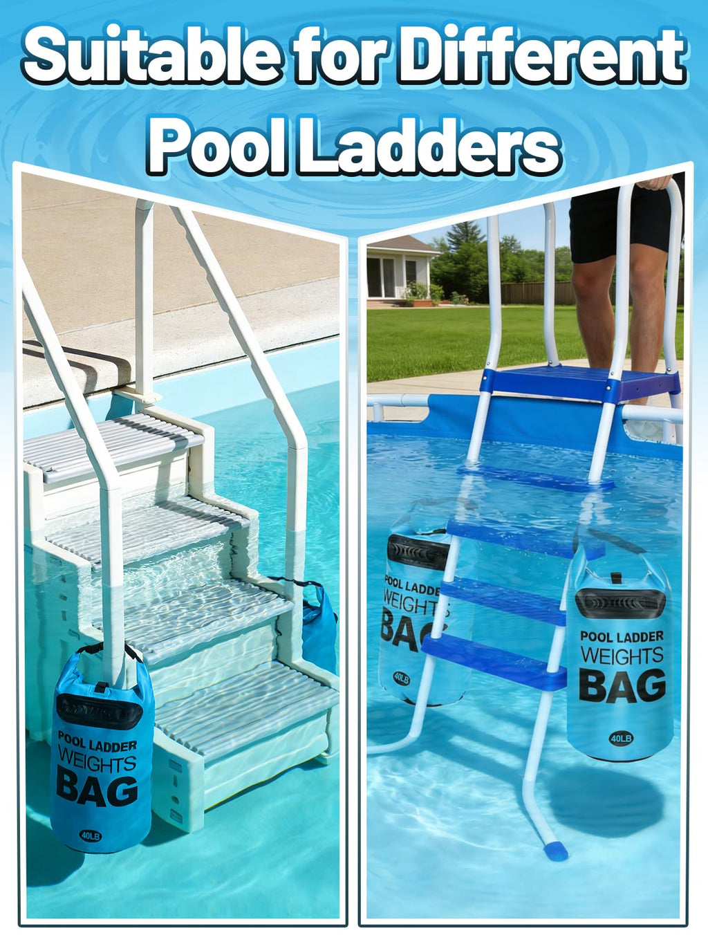 Heavy Duty Pool Ladder Weights - 40lbs Fillable Universal Sand Bags Step Anchors, 500D PVC Waterproof Tear-Resistance Foldable Sandbags for Above Ground Swimming Pools Stair Entry Systems, 2 Pack