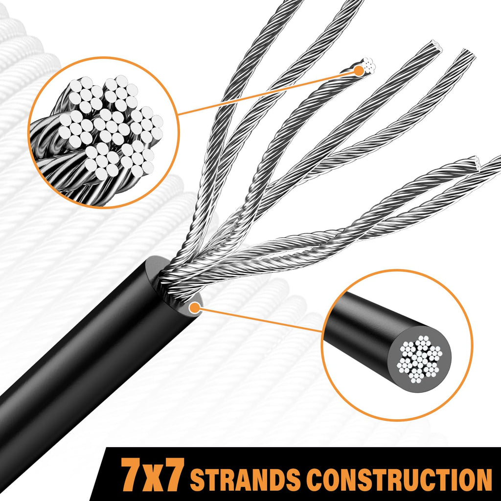 CELYND Black Vinyl Coated Cable - 304 Stainless Steel Wire Rope 1/16 Inch Overmolded to 3/32 Inch for Outdoor Hanging DIY Projects String Lights Trellis Clothesline 200ft