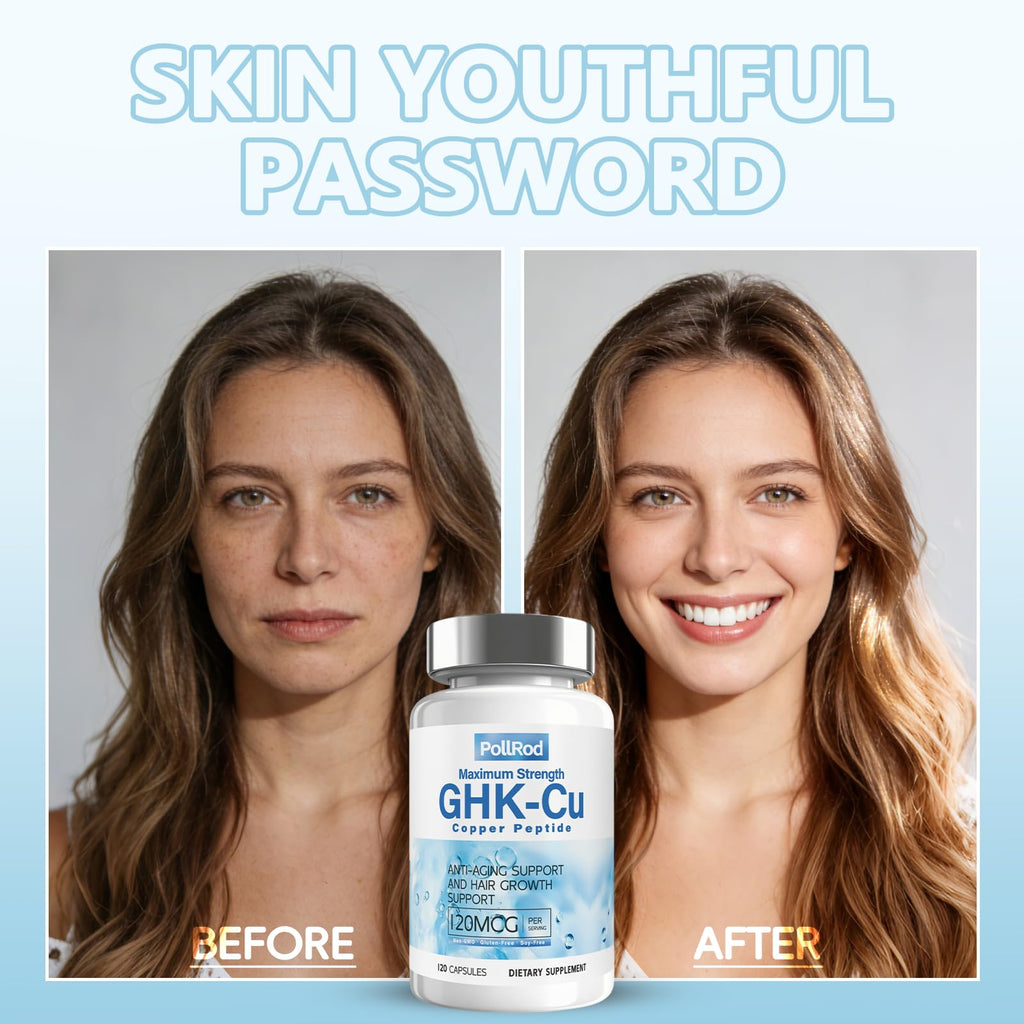 PollRod GHK-Cu Copper Peptide Supplement, 120 Capsules. It Helps Enhance Skin Elasticity, Nourish Hair and Nails. It is a Non-Genetically Modified Product. Each Capsule Contains 120Mcg.