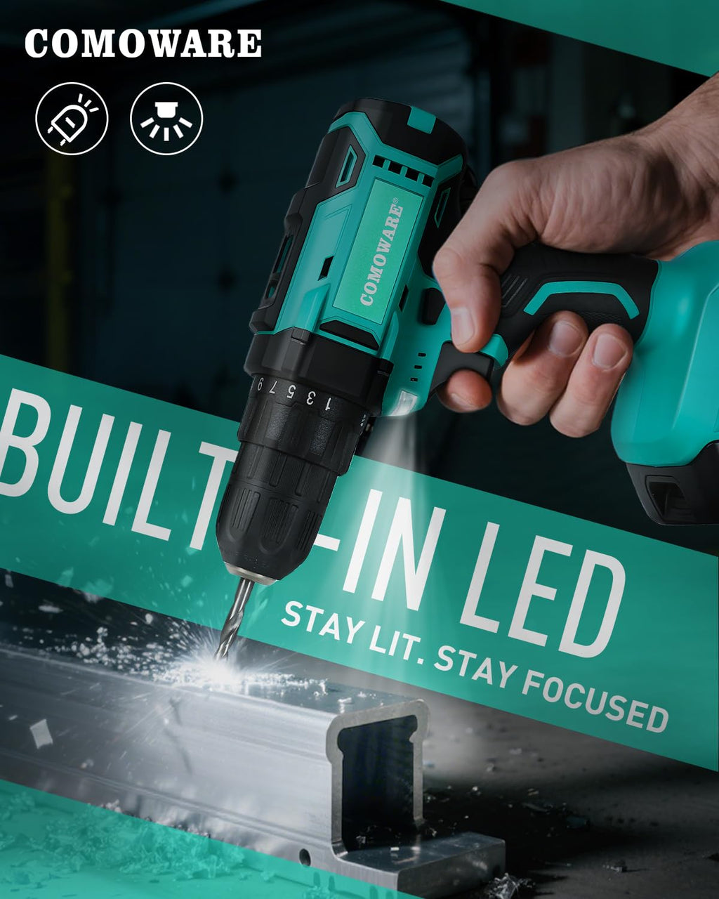 COMOWARE 20V Cordless Drill, Electric Power Drill Set with 1 Battery & Charger, 3/8" Keyless Chuck, 2 Variable Speed, 266 In-lb Torque, 25+1 Position and 34pcs Power/Driver Bits