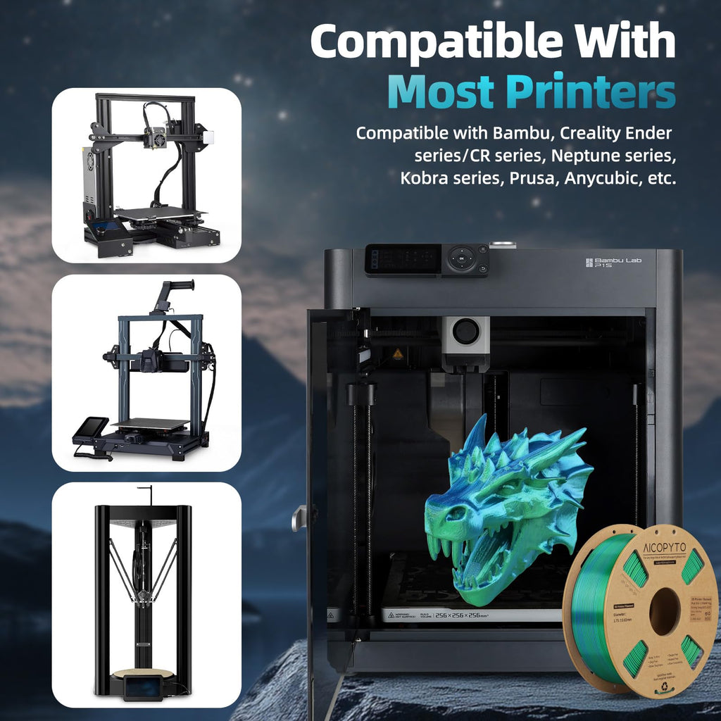 AICOPYTO Dual Color Silk PLA 3D Printer Filament 1.75mm, Dual Color 2-in-1 Green-Blue Silk Filament 1KG Spool (2.2lbs) Dimensional Accuracy Probability +/- 0.02mm Fits Most FDM 3D Printers, Blue-Green