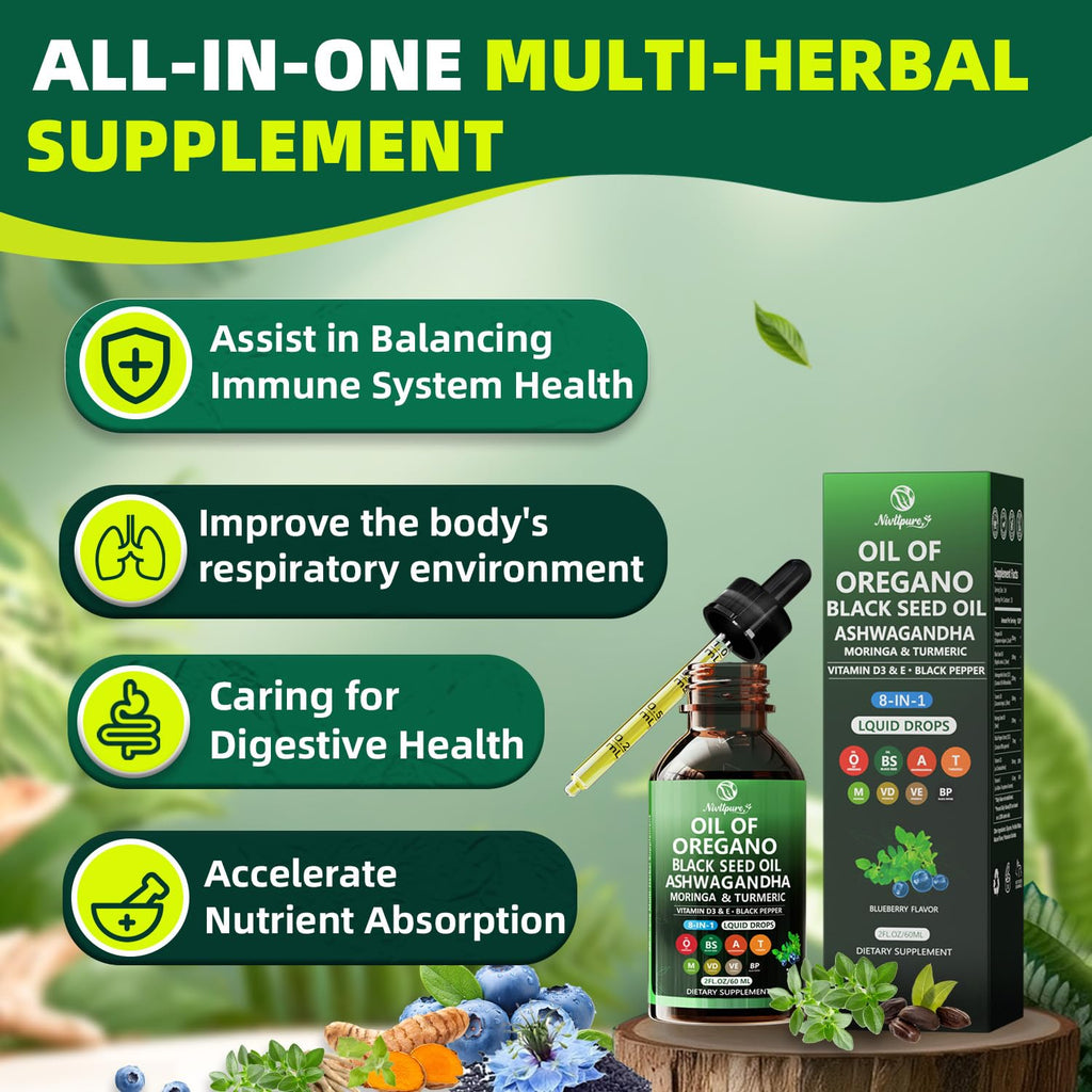 Oil of Oregano with Black Seed Oil | 8 in 1 Organic Oregano Oil Drops with Ashwagandha, Moringa & Turmeric | Natural Herbal Supplements for Immune Support & Stress Relief | Vegan Friendly, 2 Fl Oz