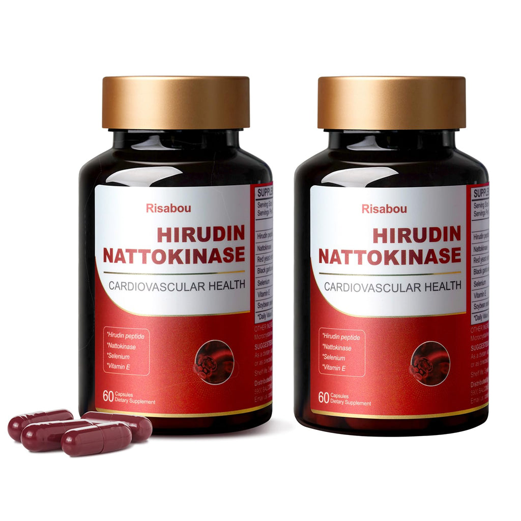 Risabou 2 Bottles Hirudin Peptide 300mg, Nattokinase 150mg with Red Yeast Extract, Black Garlic Extract, Selenium, Vitamin E, Soybean Peptide 7 in 1 Formula丨120 Capsules