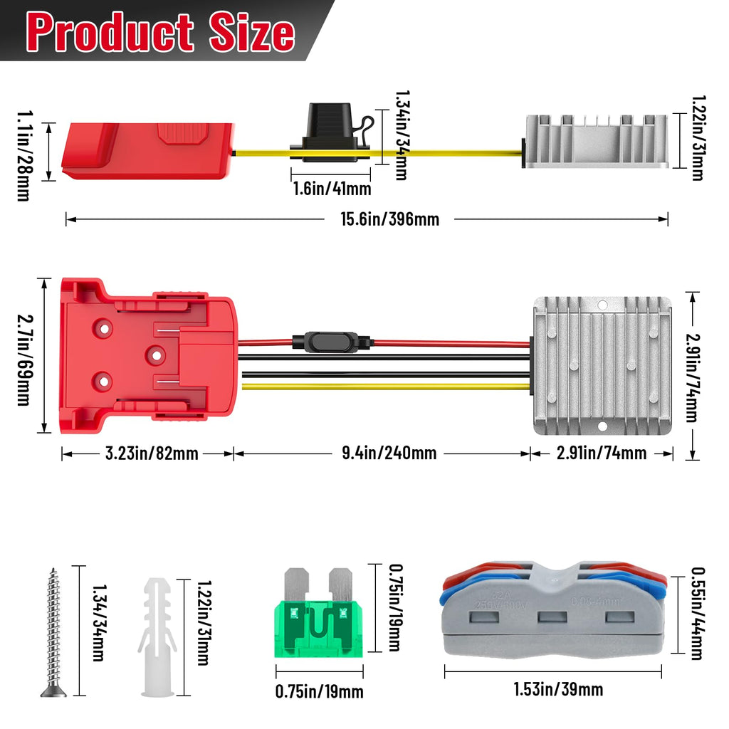 Azocek 18V to 12V Step Down Converter Compatible with Milwaukee 18V Battery Azocek Power Wheel Battery Adapter DC 12V 20A 240W Buck Converter Regulator with 30A Fuse & Wire Terminal