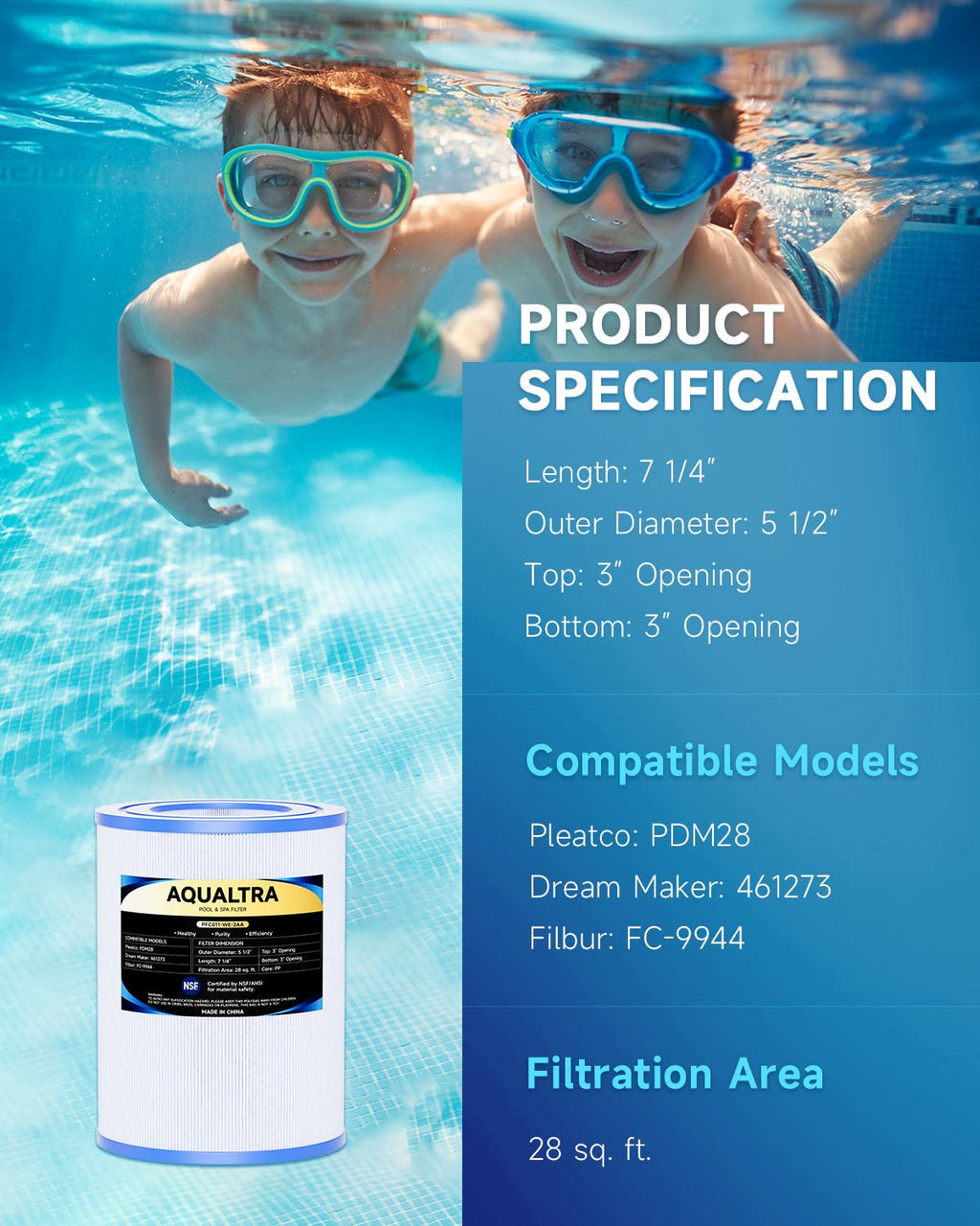 AQUALTRA Spa Filter Replacement for PDM28, Compatible with Dream Maker 461273, FC9944, FC-9944 Cartridges, SD-01392, 28 sq.ft. 5 1/2" x 7 1/4" Drop in Hot Tub Filter 2 Pack