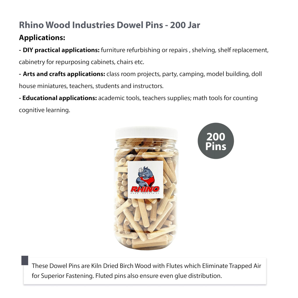 Rhino Wood Industries - 1/4" x 1 1/2" - 200 Pack Wooden Dowel Pins in Plastic Jar - Kiln Dried, Fluted, and Beveled (1/4" x 1 1/2", 200pk, Jar)