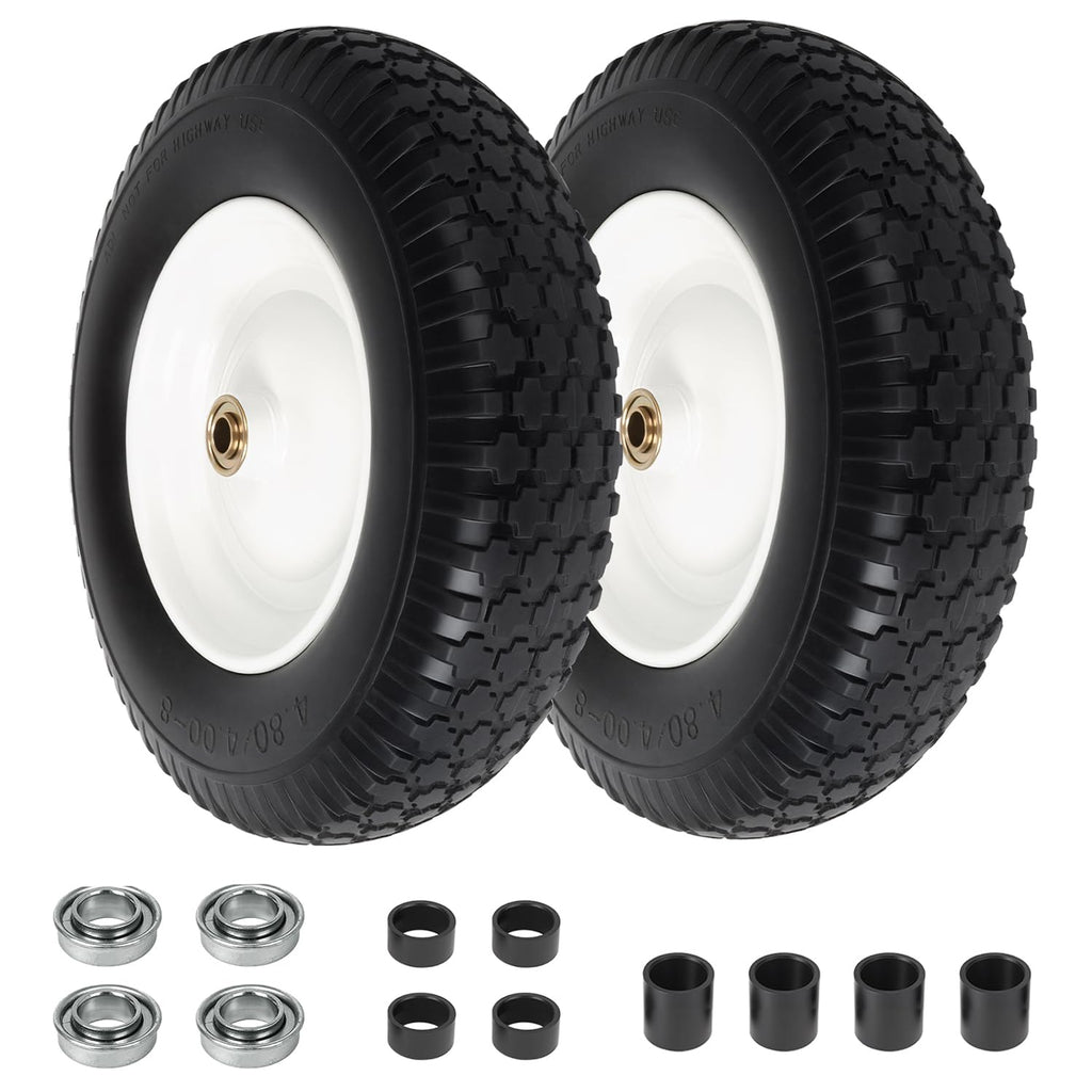 4.80/4.00-8 Wheelbarrow Tire Flat Free, 16'' Tire and Wheel 330LB Load Capacity, with 5/8" & 3/4" Bearings, 3''-4''-6''-7'' Adjustable Hub for Garden Cart, Hand Truck, Trolley, Wagon, 2 Pack