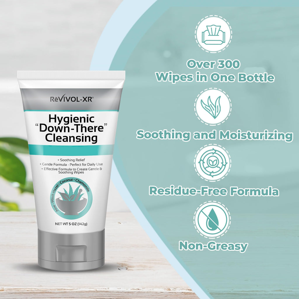 REVIVOL-XR Hygienic Cleansing Lotion, Gentle Relief + Soothing Aloe & Witch Haze for Discomfort of Down-There Sensitive Areas, Makes 300+ Wet Wipes from Toilet
