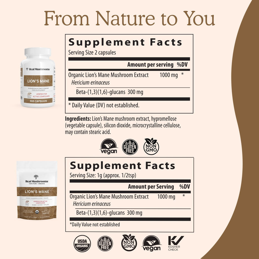 Real Mushrooms Lion’s Mane Capsules - Organic Lions Mane Mushroom Extract for Cognitive Function & Immune Support - Brain Supplements for Memory and Focus - Vegan Mushroom Supplement, 300 Caps